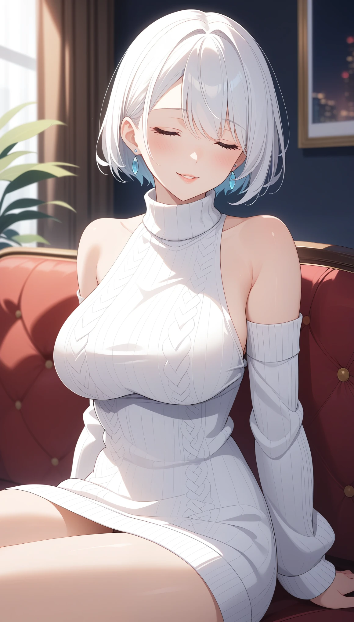 score_9, score_8_up, score_7_up, intricate details,
1girl, solo, closed eyes, sitting, sweater, smile, white hair, short hair, detached sleeves, couch, large breasts, dress, turtleneck, indoors, blush, white sweater, sweater dress, jewelry, long sleeves, facing viewer, bare shoulders, earrings, turtleneck sweater, on couch, cable knit, thighs, sleeveless, parted lips, turtleneck dress, feet out of frame, white dress