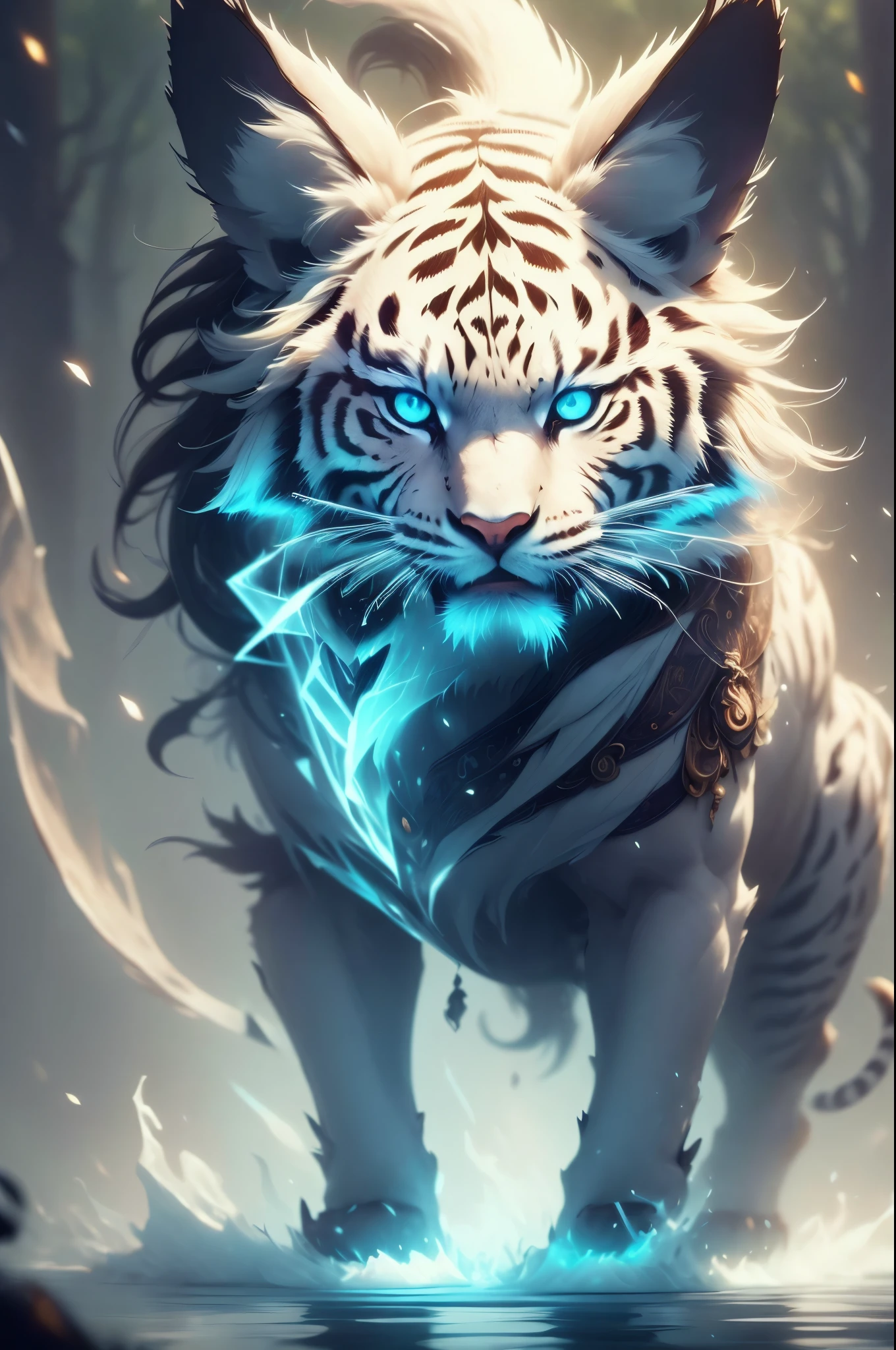detailed fur on animals, vibrant and realistic colors, surreal landscape, ethereal atmosphere, mystical setting, magical sunlight, dreamlike reflections of water, dynamic composition, enchanting scene, intense and captivating emotions, intricate and fascinating details, shots of soft brush on canvas, harmonious color palette, striking contrast between light and dark, mythical creatures, powerful and majestic presence, deep connection, white tiger, enigmatic and thought-provoking story. if necessary to emphasize certain aspects of the prompt.