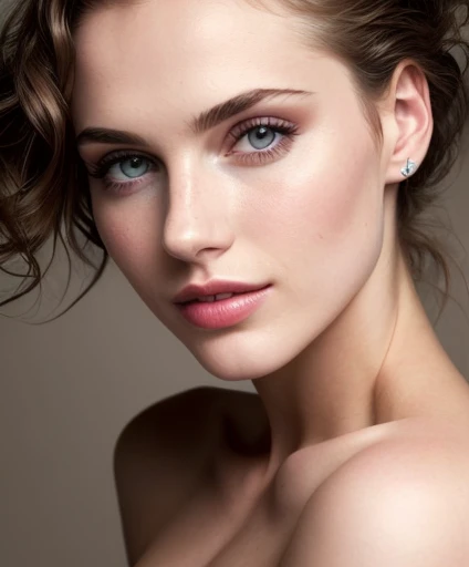 fashion model 25 years old, [[[[closeup]]]], [[[[chest]]]], [[[[neck]]]], [[[[shoulders]]]], perfect eyes, perfect iris, perfect lips, perfect teeth, perfect skin, soft front light, glow, HDR, (muted colors:1.2)