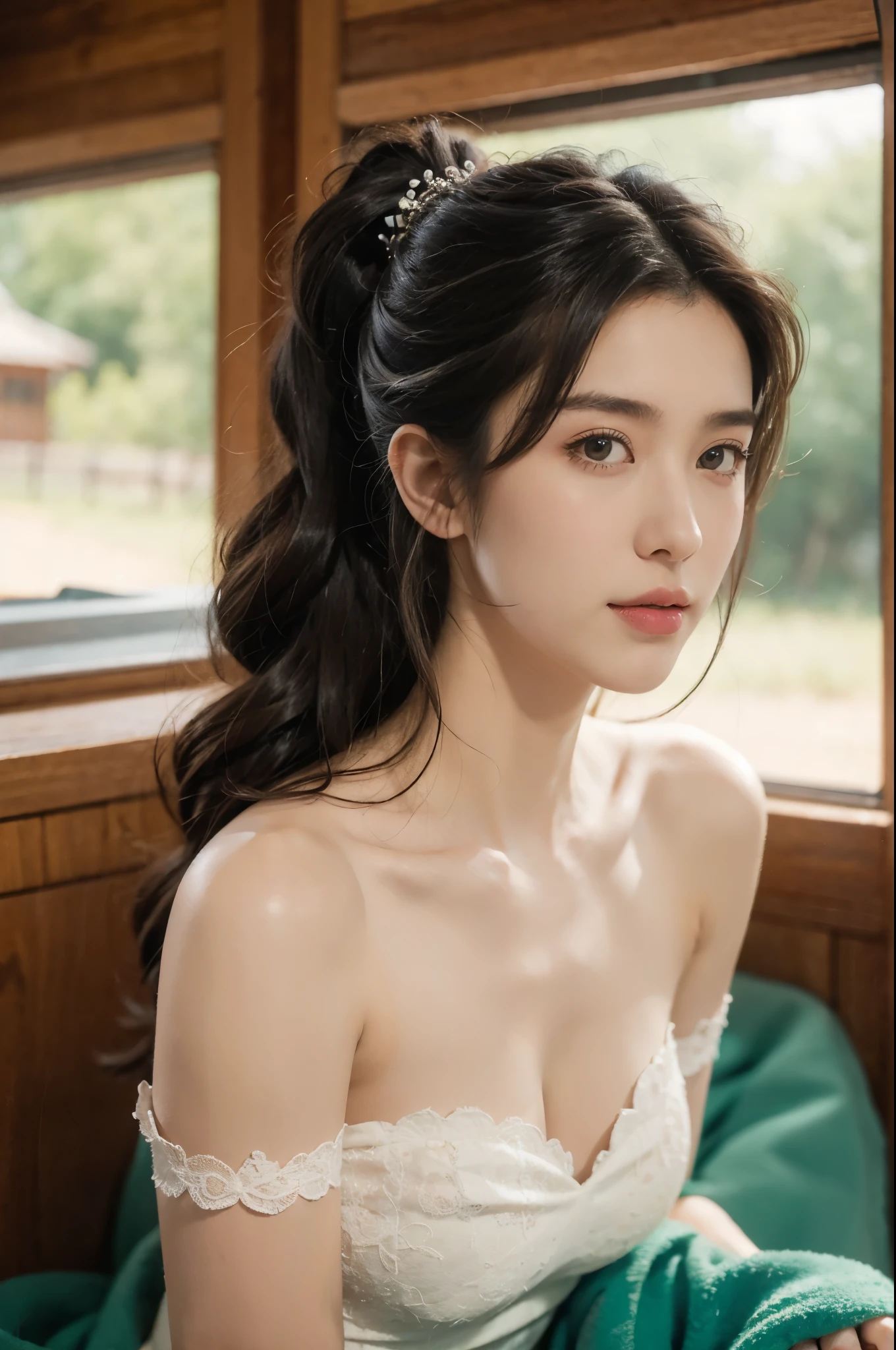 group photo of a girl and a huge pig,standing in the middle of a pig farm,short ponytail,bare shoulders,flat chests, strapless bra,realistic scenery,photography carnival,wildlife photography,aurora punk,animal and human styles,close-up of face,indoor,