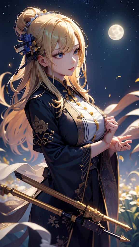 masterpiece, high quality, 4K, Beautiful design, silhouette，blonde， 非常に詳細な夜のStarry Sky,Flower Field， wonderful, Finer details,  Very knowledgeable woman, Highly detailed solo, 1 female,Big Breasts，uniform，Night view，Starry Sky，full moon，