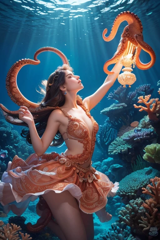 a woman dancing with an octopus, 1 woman, beautiful detailed eyes, beautiful detailed lips, extremely detailed face, long eyelashes, graceful pose, flowing dress, tentacles wrapping around the woman, underwater scene, coral reef, bioluminescent lighting, surreal, fantasy, vibrant colors, cinematic lighting, dramatic composition, award-winning digital art, (best quality,4k,8k,highres,masterpiece:1.2),ultra-detailed,(realistic,photorealistic,photo-realistic:1.37)