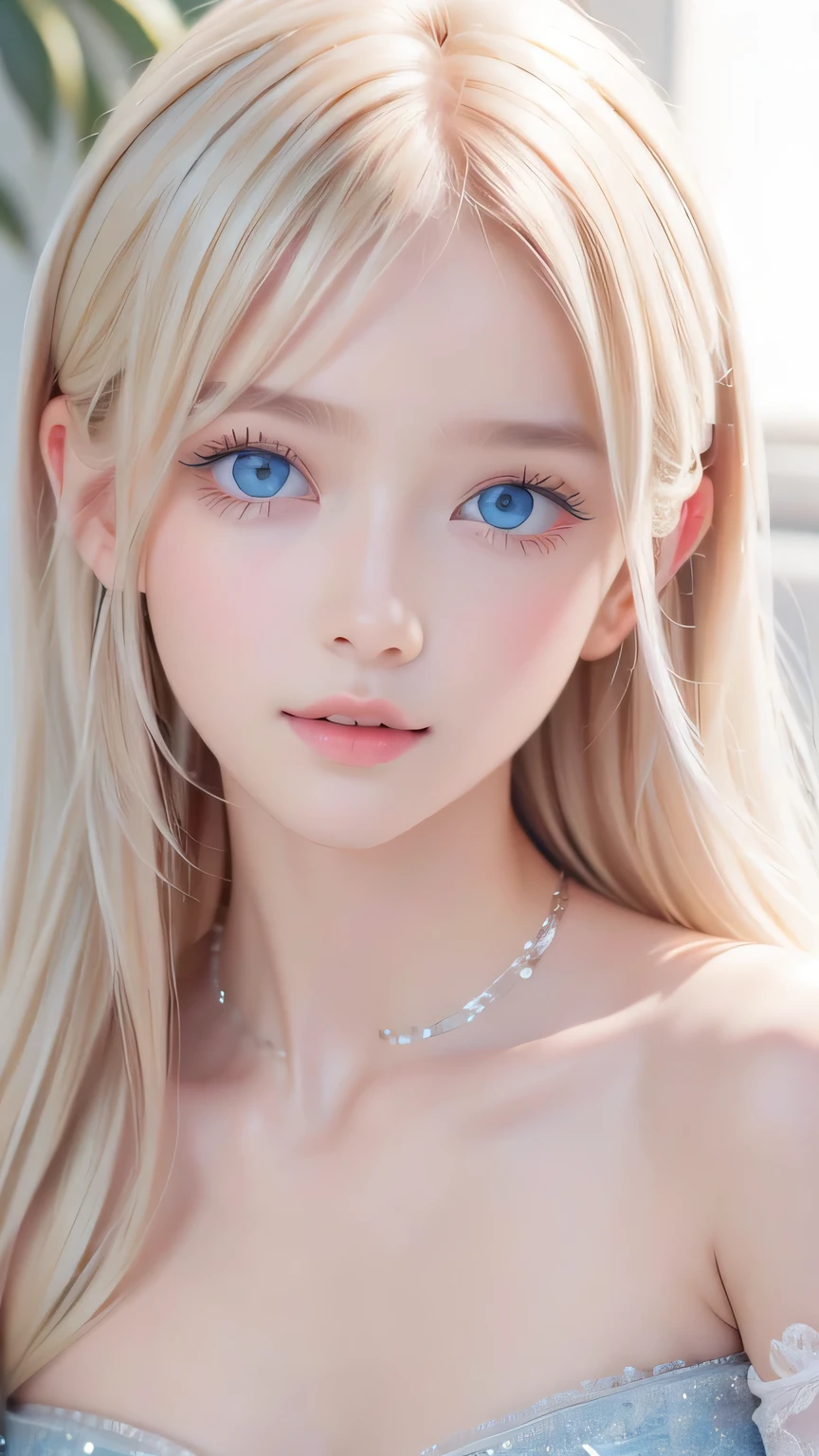Beautiful white and shining skin、Blonde hair that changes color depending on the light、Bangs between eyes obstruct vision、Shiny highlights on the cheeks、Sexy, very beautiful, lovely, cute, gorgeous face、The most beautiful face in the world、Super long and gorgeous blonde hair、Super long and smooth super long straight hair、Big Breasts, Very large, Beautiful sparkling bright blue eyes、Beautiful Bangs、Beautiful cute girl.Small Face Beauty、Cheek Gloss Highlighter、Round face