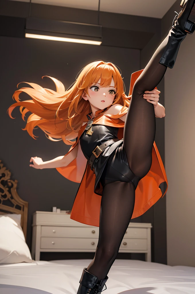 (masterpiece:1.2)、highest quality、High resolution、unity 8k wallpaper、(figure:0.8)、Highly detailed face、Perfect lighting、Highly detailed CG、(Perfect hands、Perfect Anatomy)、
1 girl、High resolution、masterpiece、(Orange straight hair)、low length、thin太もも、thin脚、Small shoulders、thin、Muscular、(Bedroom)、
(dress、Cape、belt、black tights、Leather boots)、Crouching and kicking