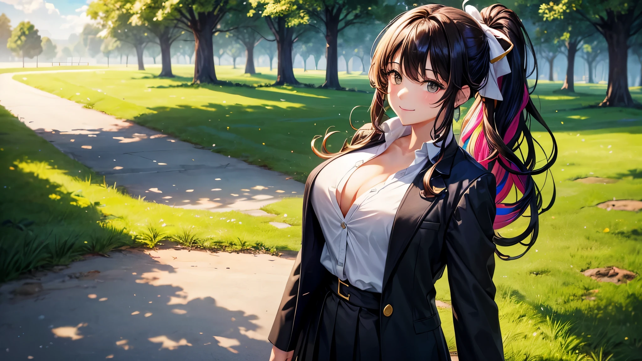 1girl, full body, solo, summer, village, trees, sun, clouds, ((colorful hair)), long hair, curly hair, ponytail, large , ((black blazer)), button shirt, ((white shirt)), ((short sleeved shirt)), ((unbuttoned shirt)), unbuttoning buttons, clge 1:3, bs, skirt, smile, looking at the viewer, standing, hair ribbon, golden necklate
