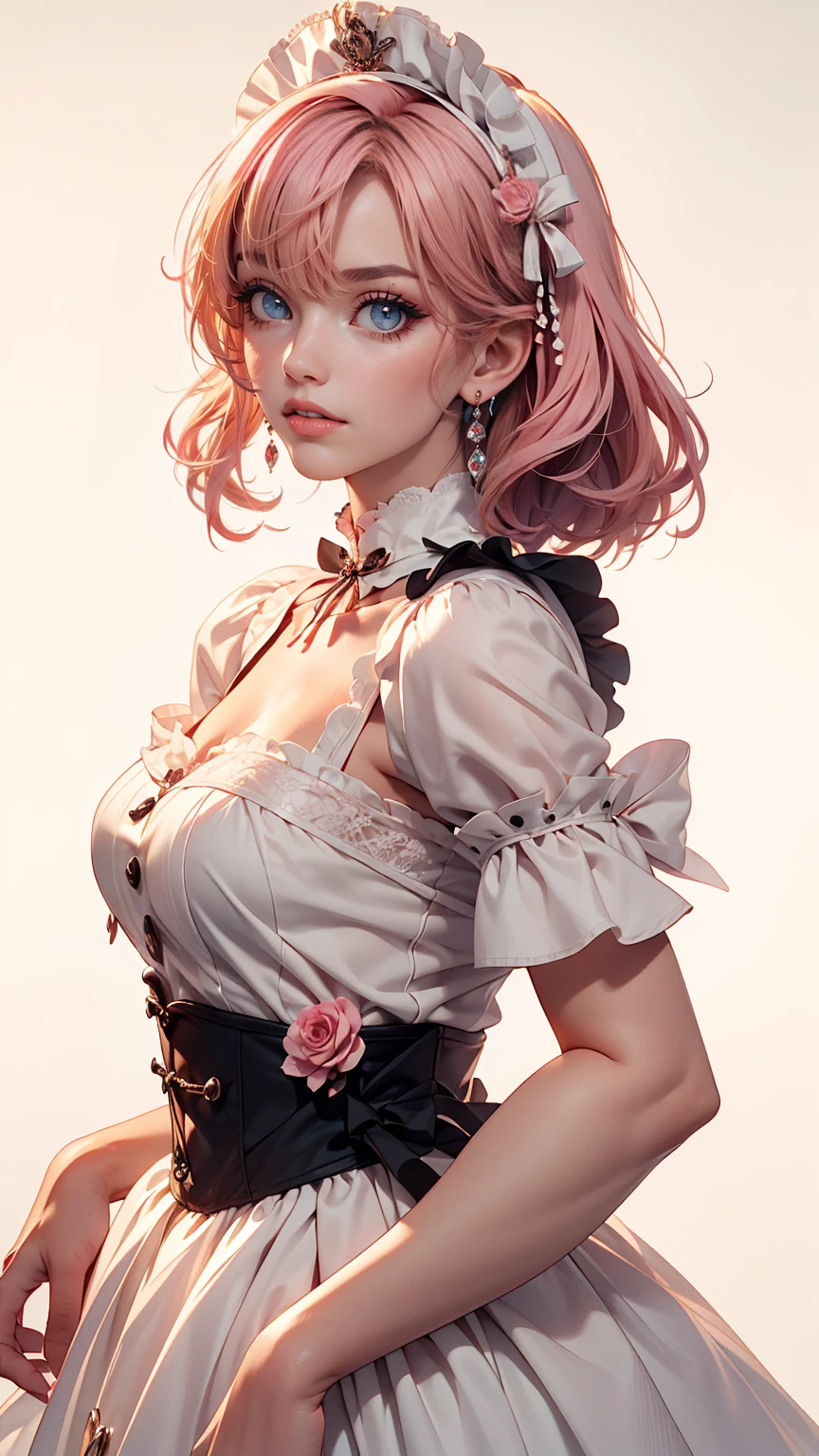 A very delicate and cute girl with pink hair and a ta dress. 8K Ultra HD, Delicate texture, Pure white background.