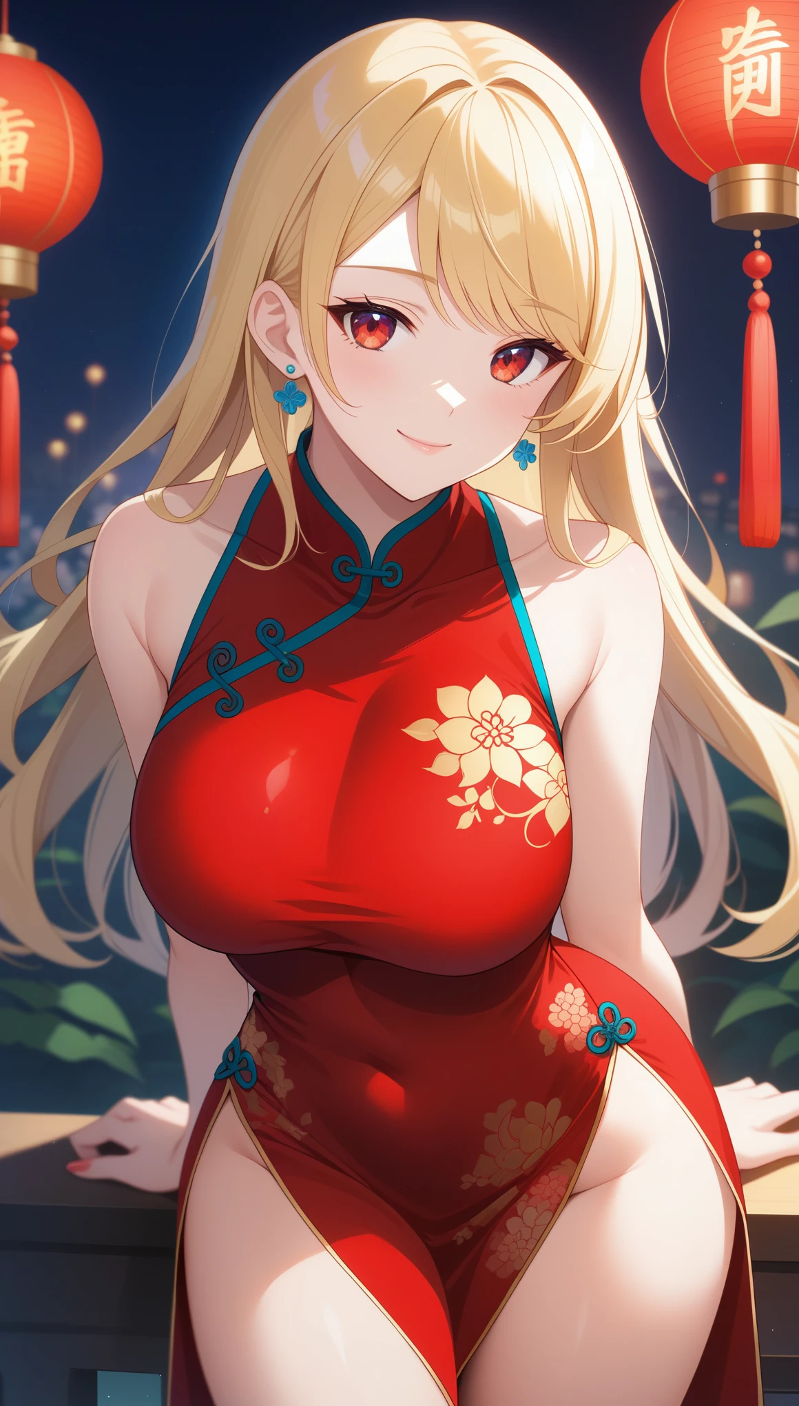 score_9, score_8_up, score_7_up, intricate details,
1girl, dress, chinese clothes, china dress, solo, long hair, blonde hair, looking at viewer, smile, earrings, red dress, jewelry, red eyes, floral print, bare shoulders, leaning forward, closed mouth, sleeveless, sleeveless dress, thighs, cowboy shot, side slit, bare arms, large breasts, swept bangs, arm behind back,