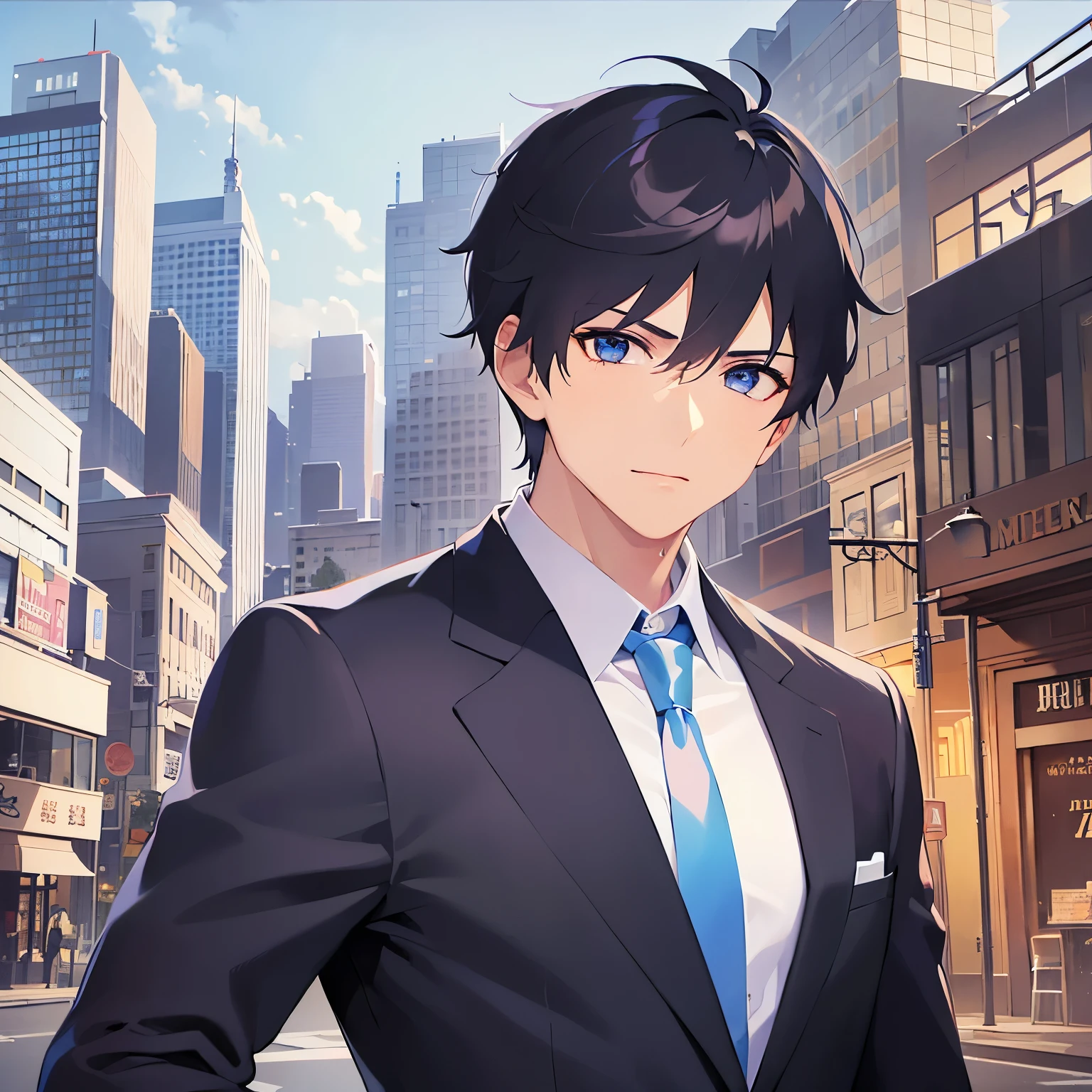 upper body、shiny skin, masterpiece、highest quality、(28-year-old male) and (Black short hair) and (blue eyes), (Wearing a suit) and (White collared shirt:1.5) and (Blue tie)、(Serious :1.2)、The background is the city、Alone