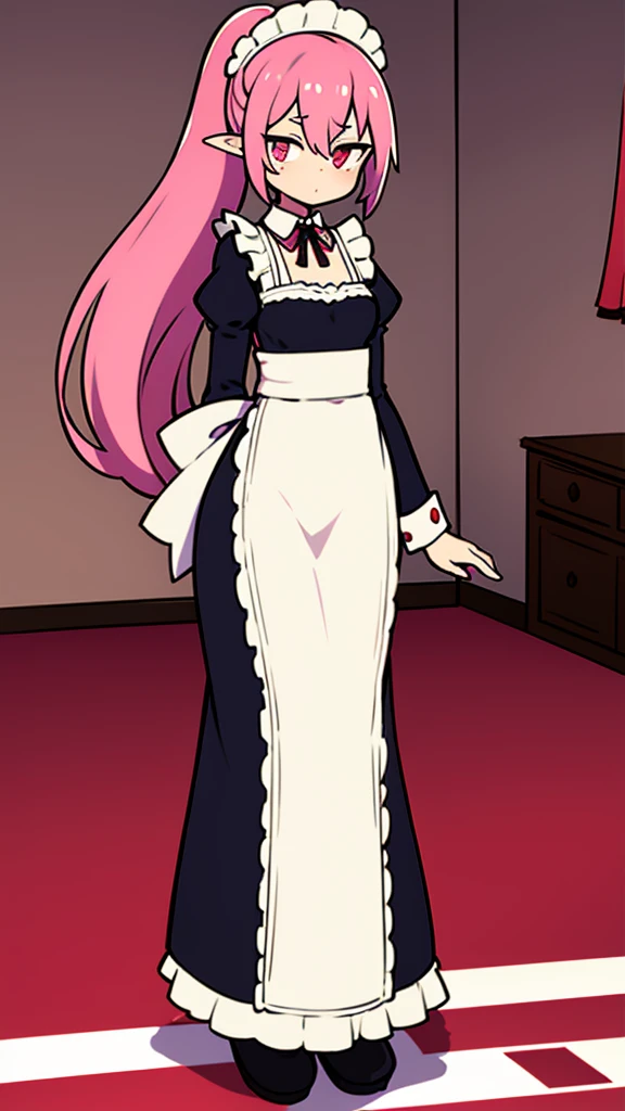 adulto, Cabello negro ondulado, mirada penetrante con ojos profundos de color rojo, estatura promedio, Silky hair with a ponytail hairstyle collected with a red bow with two white lines, tiene pechos grandes, primer plano, session, standing in the middle of his room [[[[Maid]]] , Sonrojada, muslos grandes, maid, elfa 