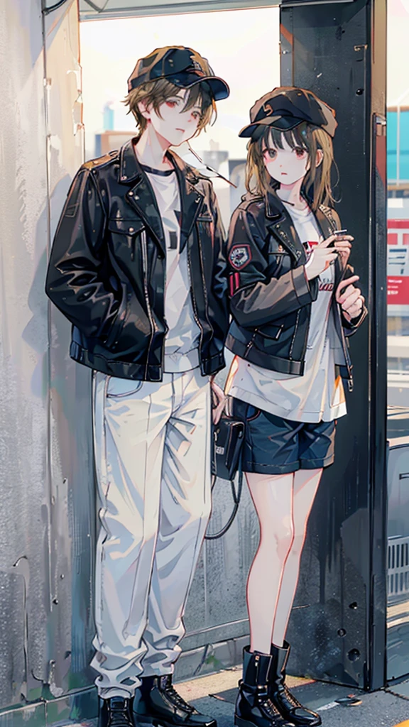 A woman is smoking a cigarette while leaning against a wall in the parking lot outside a convenience store.(white shirt and short black leather jacket, She is wearing black jeans with exposed knees and black boots., Next to him, a man wearing a cap, denim jacket, and cargo pants is talking on the phone in one hand while holding a cigarette in the other.)