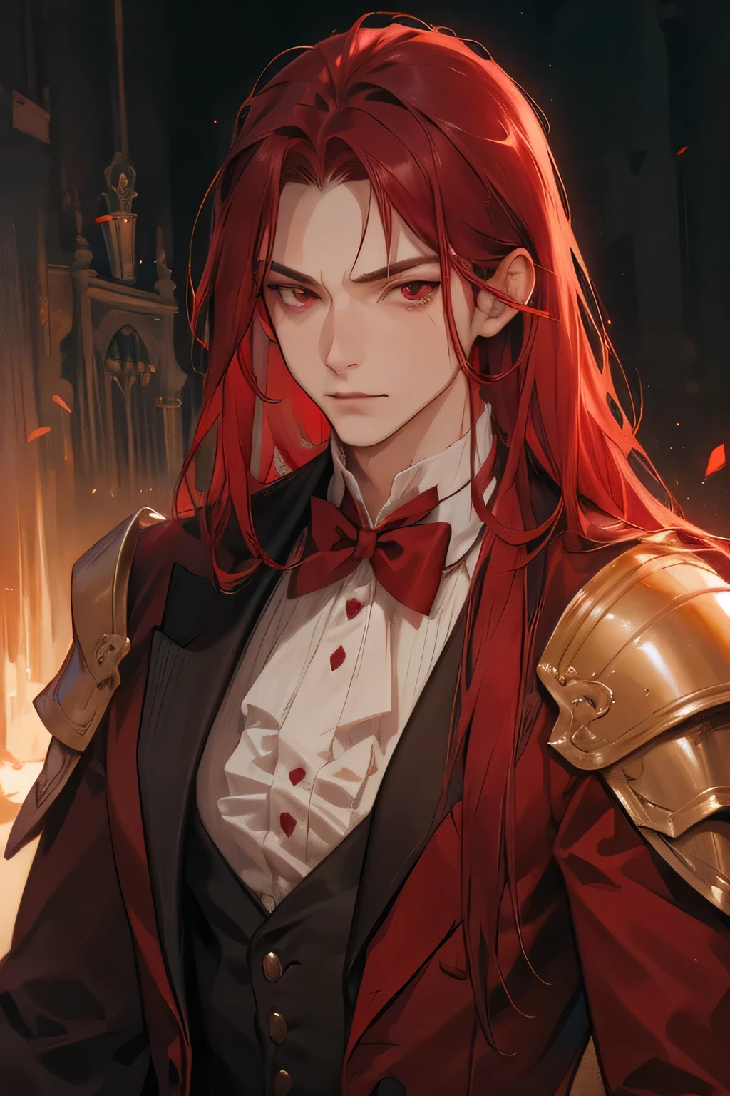 male, adult, red maroon long hair, red eyes, adult face, adult, victorian suit,, chest armor, fantasy, vampire, smirk, red wizard, big body, perfect
