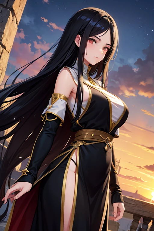 A girl with long black hair with white peekaboo highlights, white eyes, fair skin tone, slender and athletic built,fantasy medieval clothes, detailed hair, detailed body, best quality, aesthetic, 8k