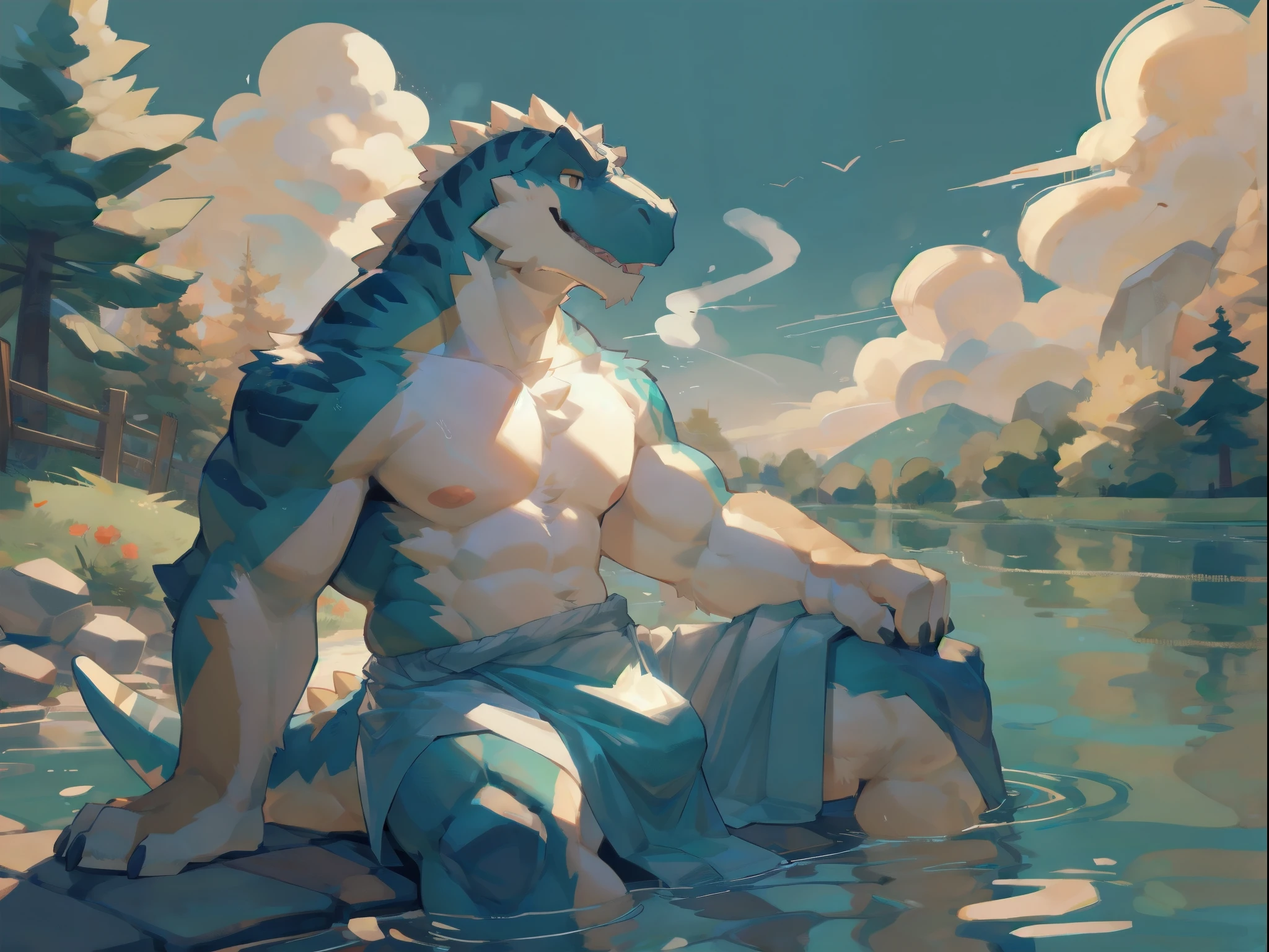 Solo, male, sitting in lake, bulge, by bigcozyorca, by goonie-san, by bebebebebe, by spikedmauler, above viewer, tyrannosaurus, rainbow fur, bushy tail, buff, towel wrapped around waist, steam, panting, sexy expression, hard cock, boner, throbbing boner under towel, cock, throbbing movement around cock, looking down at viewer, close up, cock detailed outline, on top of viewer, towel exposing boner