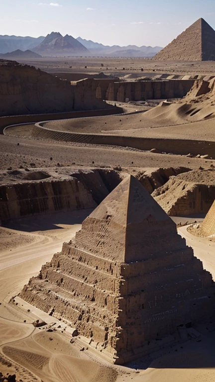 /imagine prompt: A colossal pyramid towering over a barren desert landscape, constructed with massive stone blocks quarried from distant mountains.