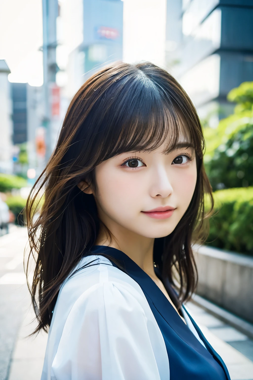 ((Photoreal)), 8K full-length portrait, (Beautiful woman), (Japanese woman), (detailed face), attractive look, Clear system, 18-year-old, Tokyo city, summer, for the background, medium hair,