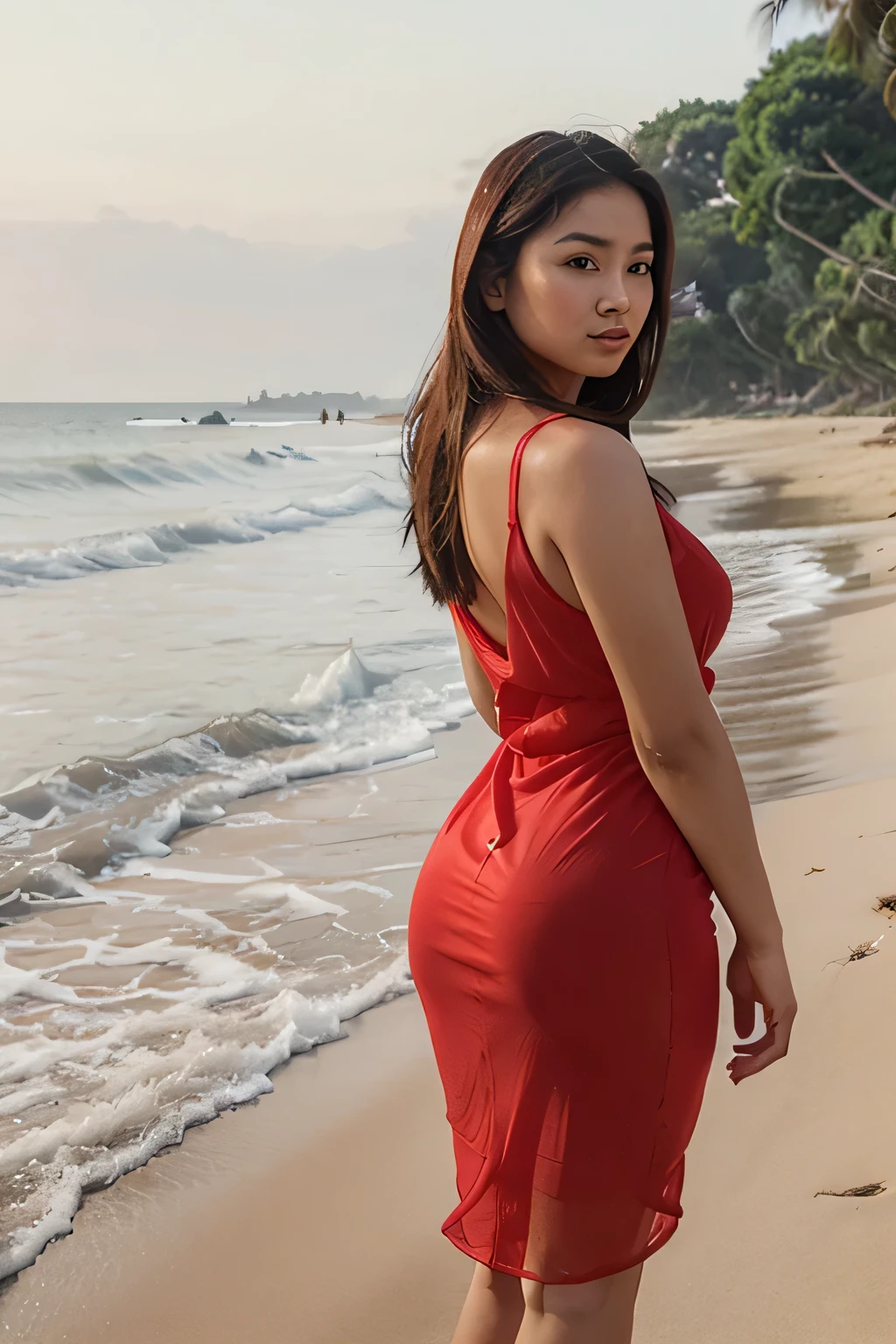 create a photo of a beautiful south-east asian woman standing at the beach, wearing translucent red dress.