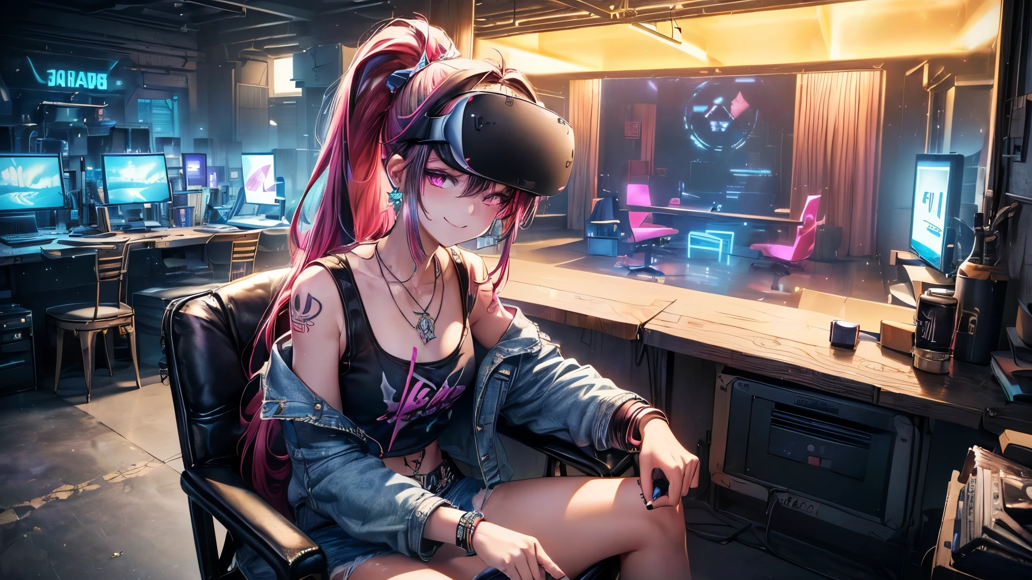 最high quality、Best image quality、masterpiece、girl((20 years old、 by becoming、vest bust、medium bust,Big chest tea、shining eyes, neon hair、long hair、thin,highest valley、ponytail、Distressed denim shorts、Black crop top shirt、Distressed denim jacket、Smile、Full body, tattoos,Diamond earrings、wristband、necklace、sit on the chair、Have a vr eye-mask、VR game Playing、Leaning forward、elated)),high quality、beautiful art、background((Hacker Room、Server room、neon lights、Bracket、notebook))、flight、debris flying、writing border depth、Movie、visual art、Perfect art、8K,real、
