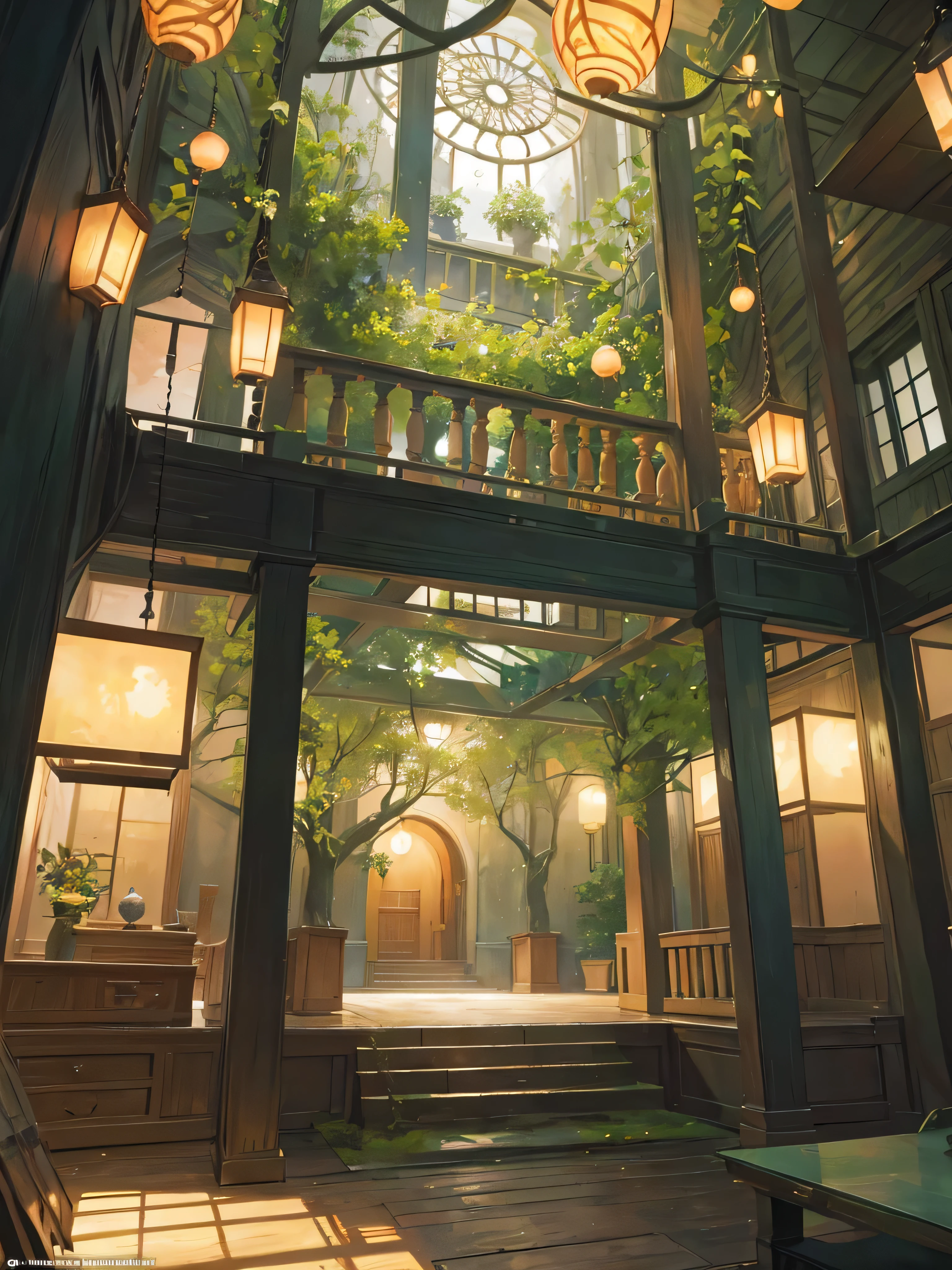 In a fantasy world where there was a giant tree the size of a house, the inside of the tree was very spacious and it was hot inside and it was full of lanterns and a mattress and it had mattresses and a sword factory and a dining table and a bathroom. ( Place the picture inside the tree ) 