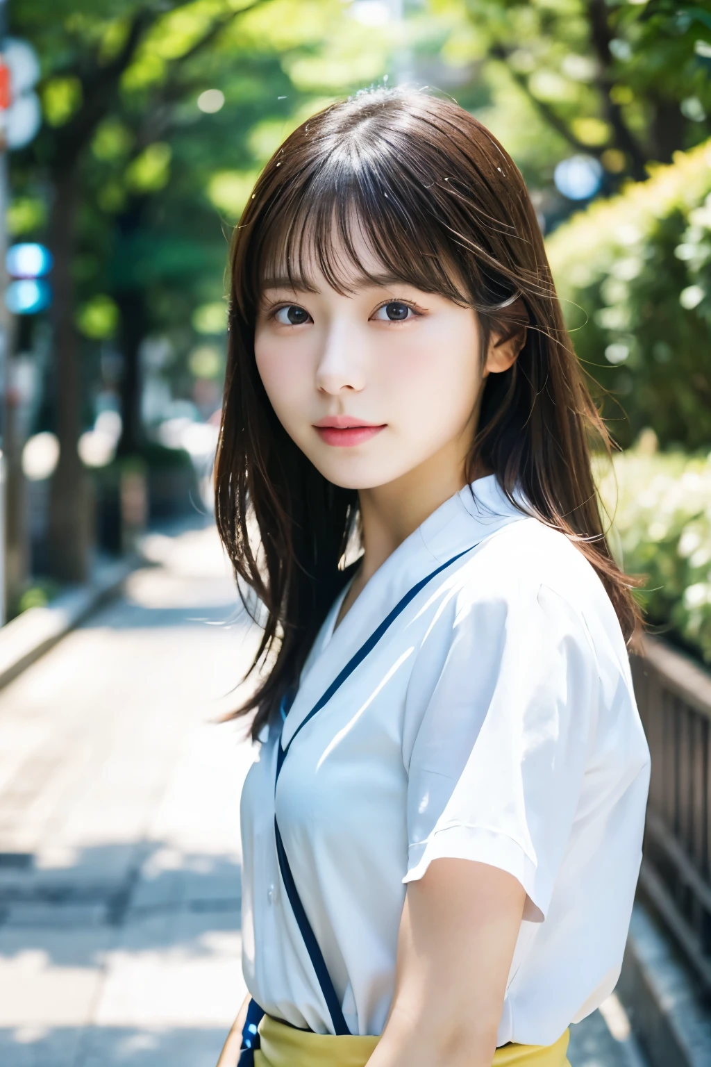 ((Photoreal)), 8K full-length portrait, (Beautiful woman), (Japanese woman), (detailed face), attractive look, Clear system, 18-year-old, Tokyo city, summer, for the background, medium hair, 