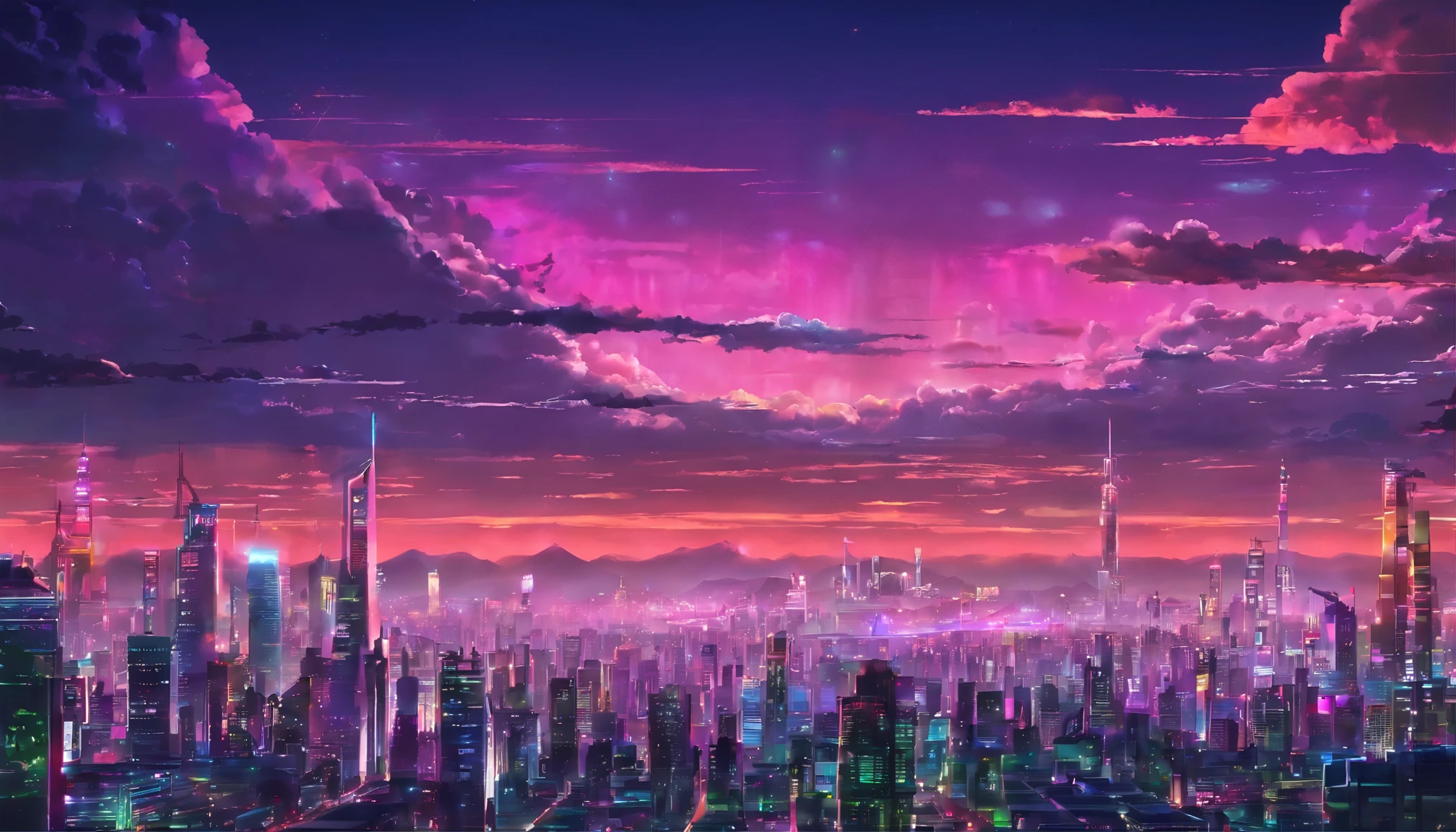 Close-up of city with neon lights at sunset background, synthwave city, vaporwave city, synthwave aesthetic, Neon city in the background, The backdrop of the new Tokyo, Neon metropolis in the background, futuristic urban background, cyberpunk aesthetics, The backstory of the city is cyberpunk, purple cyberpunk city, Cyberpunk city setting, cyberpunk aesthetics, cyberpunk atmosphere, cyberpunk city landscape,Anime Cloud, anime backgrounds, Anime Sky, in the style of makoto shinkai, beautifull puffy clouds. anime big breast, Makoto Shinkai's style, makoto sinkai!, beautiful anime scenery, Adapted from Makoto Shinkai, anime landscape wallpapers, makoto sinkai!!, makoto shinkai art style,japanaese girl,Pale skin,beauitful face(Purple hair)Red jacket,Tokyo at night, has cyberpunk style,japanese streetwear,tokyo fashion,Wearing a cyberpunk 2 jacket 0 7 7,whole-length,Attractive pose,Bottom view