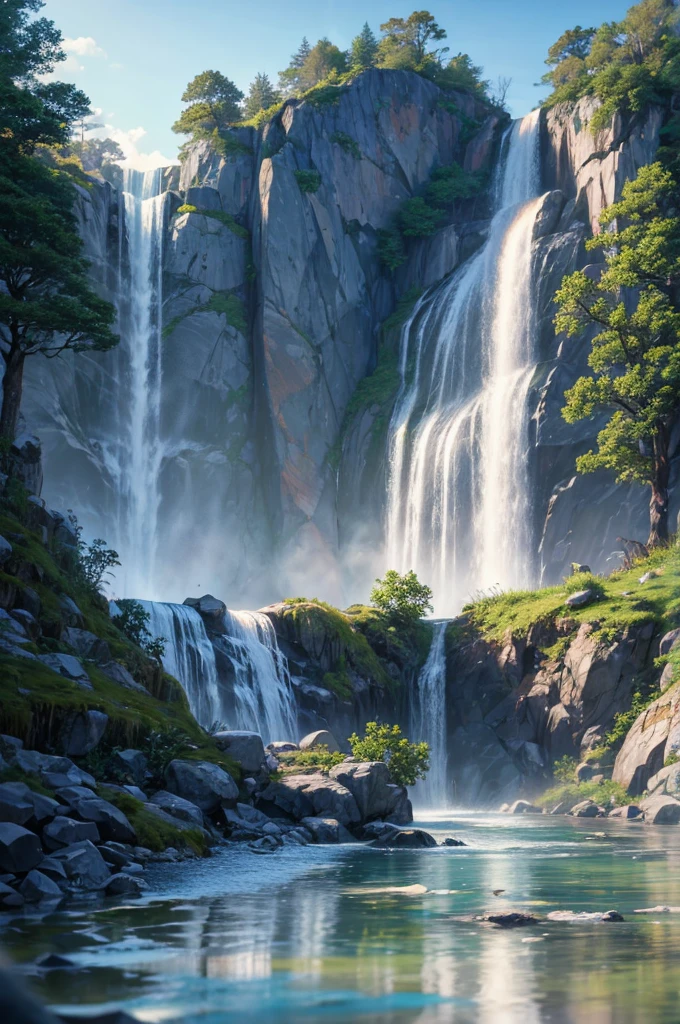 In the tranquil and beautiful scenery，There are rushing waterfalls, Ray tracing, detailed reflections, Wheels within wheels, High Detail, Dramatic, Best quality masterpiece, Reality, detailed, 8K, HDR, Backlight, bloom, Shining, Chromatic Aberration, Clear focus