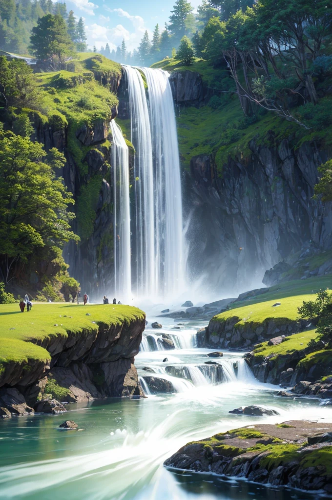 In the tranquil and beautiful scenery,There are rushing waterfalls, Ray tracing, detailed reflections, Wheels within wheels, High Detail, Dramatic, Best quality masterpiece, Reality, detailed, 8K, HDR, Backlight, bloom, Shining, Chromatic Aberration, Clear focus