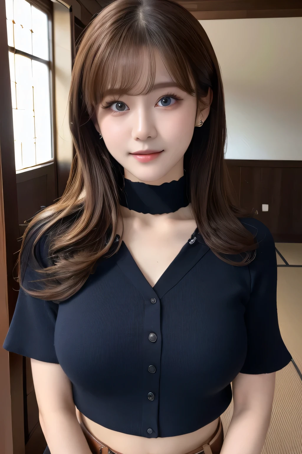 (highest quality, masterpiece:1.3, 超A high resolution), (Very detailed, Caustics), (Realistic:1.4,RAW shooting,)Ultra-Realistic Capture,Very detailed,High resolution 16k, Human skin close-up, The skin texture is natural, It must be detailed enough to be easily identifiable.。 Skin should look healthy and have an even tone。 Use natural light and color, (Backpack, Mountain walking, hot pants), ((Mountain, blue sky, the body is slim)), 1 girl, Japanese, 18-year-old, cute, Long Hair, Big Breasts, smile, Turn your body forward, (View from the front:1.1), Looking into the camera, (Cowboy Shot),vision, focused on the chest, Light brown hair, ((Black choker)), very long, bushy eyelashes, blue eyes, bangs