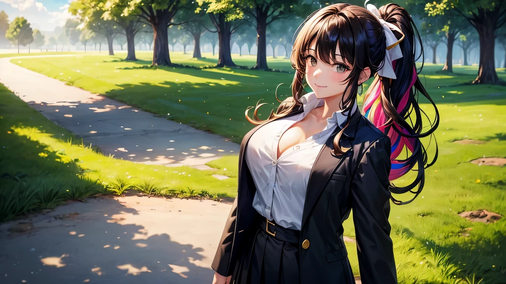 1girl, full body, solo, summer, village, trees, sun, clouds, ((colorful hair)), long hair, curly hair, ponytail, large breasts, ((black blazer)), button down shirt, ((white shirt)), ((short sleeved shirt)), ((unbuttoned shirt)), unbuttoning buttons, cleavage 1:3, brown eyes, skirt, smile, looking at the viewer, standing, hair ribbon, golden necklate