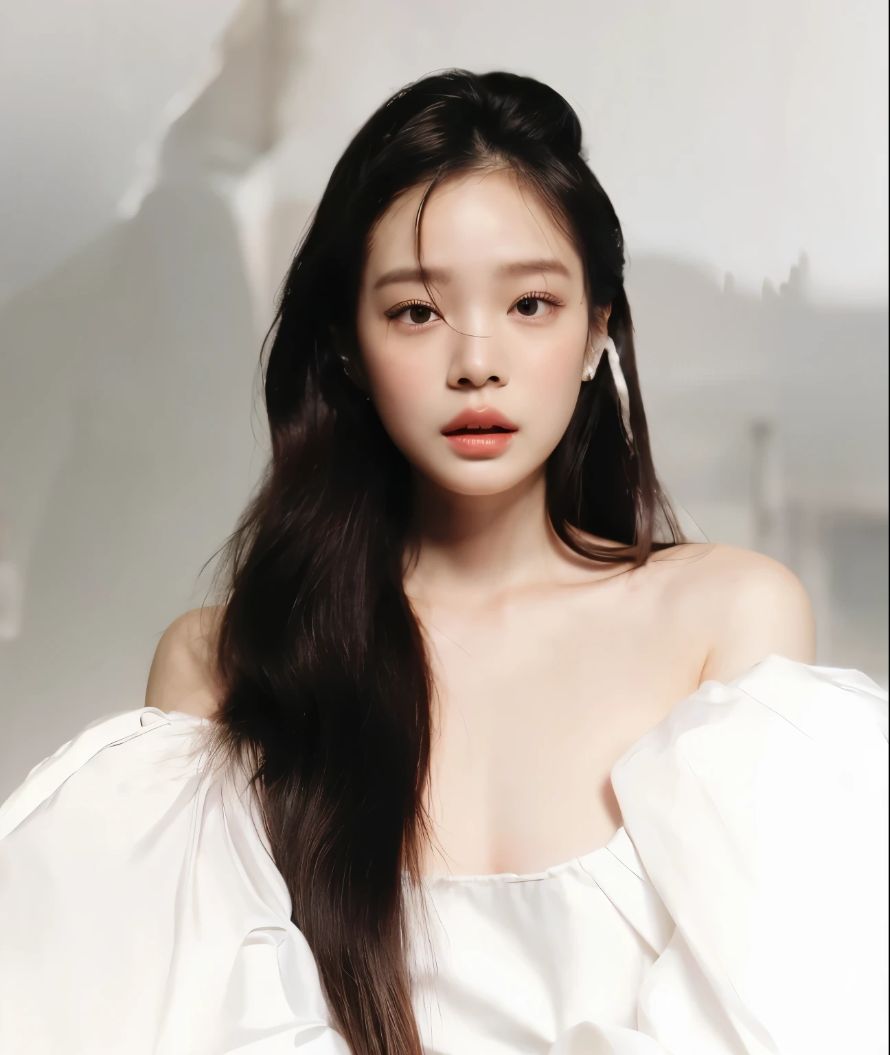 Close up of woman with long hair wearing white dress, blackpink jennie, Beautiful Ruan Jia!, Chassis, common ratio, Minchen Shen, Jingna Zhang, Inspired by Zhang Yan, Inspired by Woobin, Haze Lian Fang, Beautiful Chinese model, Lulu Chen, Inspired by Ai Xuan, inspired person: Tang Yifen