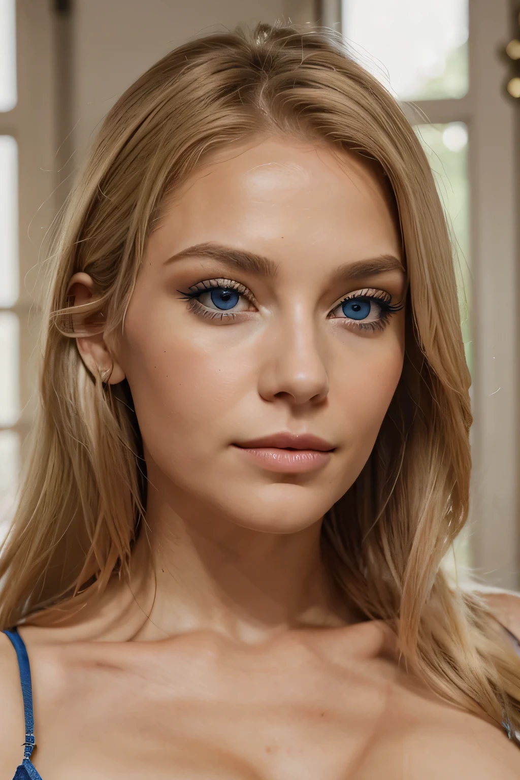 erstelle eine Frau mit blonden Haaren, natural blue eyes, reine Haut, Dicke Lippen, Charm and beauty, mit Sympathie, as realistic as possible. Die Iris des Auges muss sehr rund sein