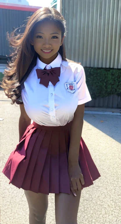 Super huge breasts, Gyaru, ditail lips, pink lips, long hair, cleavage of breasts, smile, beautiful asian girl, short skirt, gal, shining skin, brown hair, dark skin, tanned skin, brown skin, gigantic breasts, JK , hi-school girl, school student uniform, muscular, muscular legs, long legs, shining legs, chest bulge