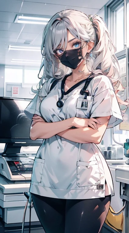 1 garota, Sozinho, enfermeira, enfermeira cap, desgaste branco, ((legging branca, zetai ryouiki)), luvas brancas, twintails, cabelo amarelo, olhos roxos, ((White surgical mask, nariz coberto)), standing, ((quarto de hospital)), sharp contour, Manga curta, melhor qualidade, Obra de arte