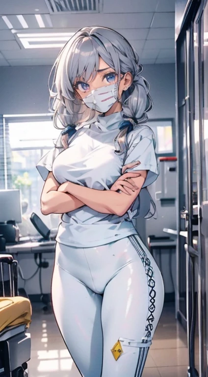 1 garota, Sozinho, enfermeira, enfermeira cap, desgaste branco, ((legging branca, zetai ryouiki)), luvas brancas, twintails, cabelo amarelo, olhos roxos, ((White surgical mask, nariz coberto)), standing, ((quarto de hospital)), sharp contour, Manga curta, melhor qualidade, Obra de arte