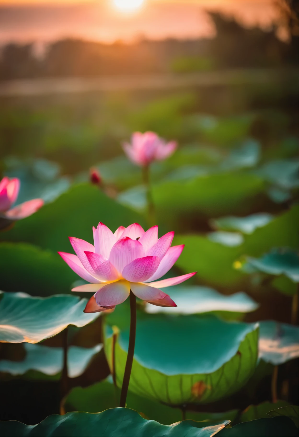 Bumbu Abu Abu Aban Buatam Pink Morning Sun, rainbows, Water drops on lotus leaves. Beautiful view, heavenly view,