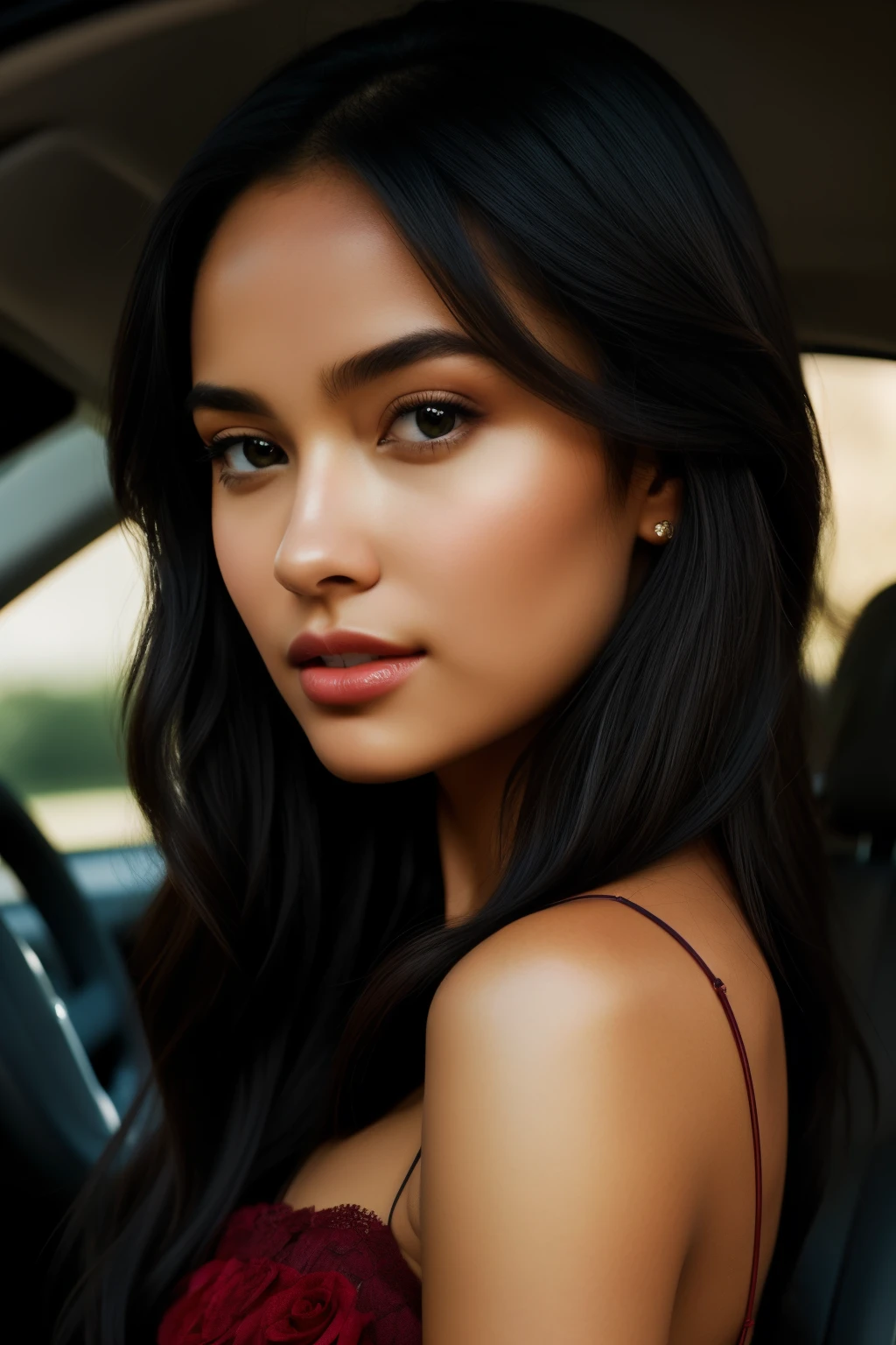 A breathtaking photograph capturing the essence of the world's most stunning and captivating black hair girl of all time, rose lips, brown eye, set in car . Her alluring pose and seductive facial expression draw you in, while the photorealistic rendering of every detail leaves you in awe. The hyperrealism of this masterpiece is evident in its ultra sharp focus and ultra-focused depth of field. This highres, UHD, 4k image is a true testament to the capabilities of RTX and HDR technology, showcasing the girl's luscious hairstyles and expressive features with remarkable clarity. The carefully crafted camera_effects and camera_focus add an extra touch of allure, while the lighting sets the perfect ambiance for this mesmerizing portrait. It is a true feast for the eyes and undoubtedly one of the best