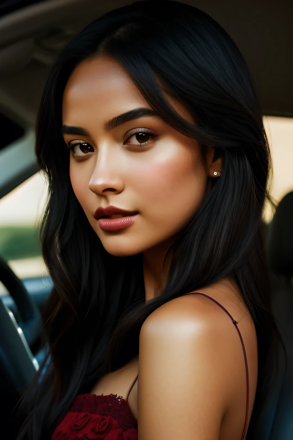 A breathtaking photograph capturing the essence of the world's most stunning and captivating black hair girl of all time, rose lips, brown eye, set in car . Her alluring pose and seductive facial expression draw you in, while the photorealistic rendering of every detail leaves you in awe. The hyperrealism of this masterpiece is evident in its ultra sharp focus and ultra-focused depth of field. This highres, UHD, 4k image is a true testament to the capabilities of RTX and HDR technology, showcasing the girl's luscious hairstyles and expressive features with remarkable clarity. The carefully crafted camera_effects and camera_focus add an extra touch of allure, while the lighting sets the perfect ambiance for this mesmerizing portrait. It is a true feast for the eyes and undoubtedly one of the best