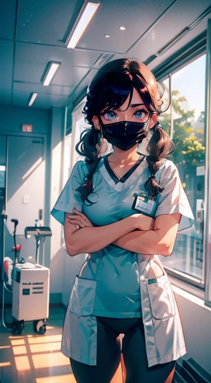 1 garota, Sozinho, enfermeira, enfermeira cap, desgaste branco, ((legging branca, zetai ryouiki)), luvas brancas, twintails, cabelo amarelo, olhos roxos, ((White surgical mask, nariz coberto)), standing, ((quarto de hospital)), sharp contour, Manga curta, melhor qualidade, Obra de arte