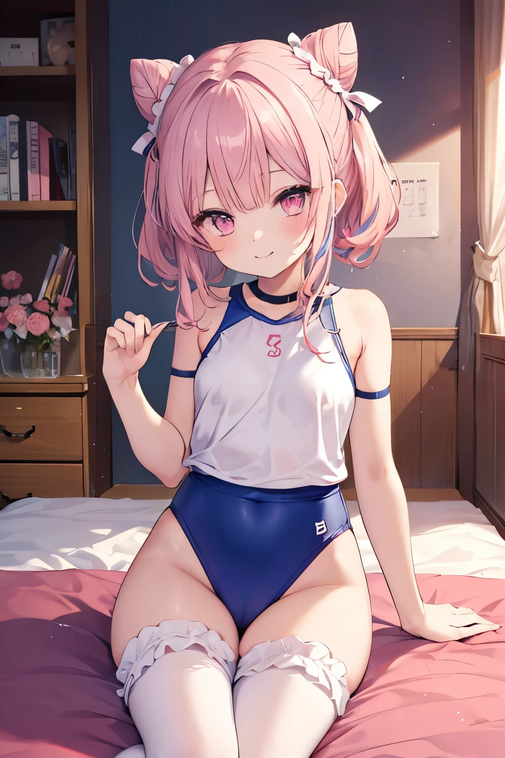 Pink Hair, Pink Eyes、girl、Small breasts、Hair Bun、girl、Small breasts、Lolita、Bright smile、Looks about 、Petan Musume、He is short、Eye highlights、Sexy thighs、room、Bloomers、Sportswear、Gymnastics