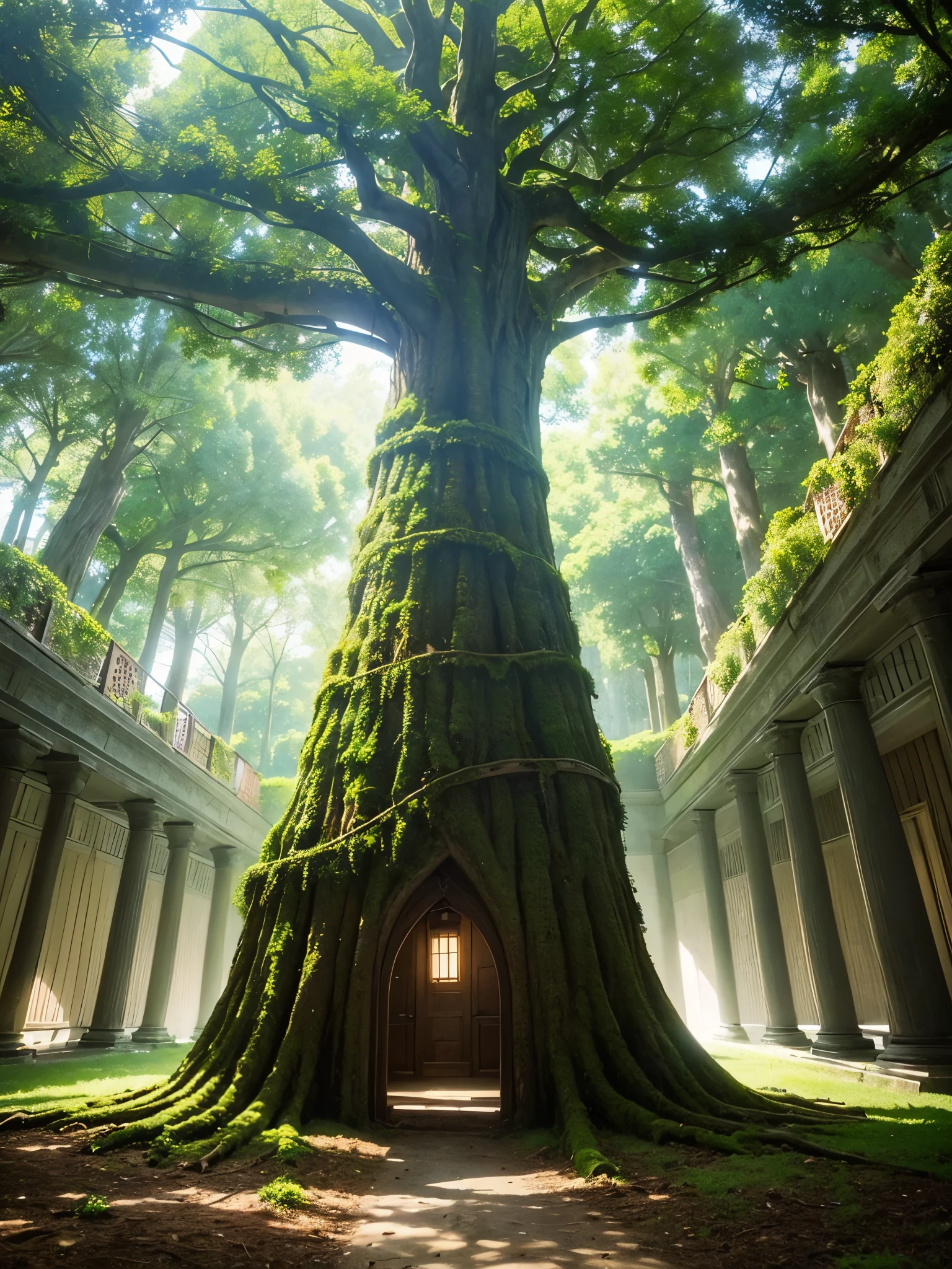 In a fantasy world where there was a giant tree the size of a house, the inside of the tree was very spacious and it was hot inside and it was full of lanterns and a mattress and it had mattresses and a sword factory and a dining table and a bathroom. ( Place the picture inside the tree ) 