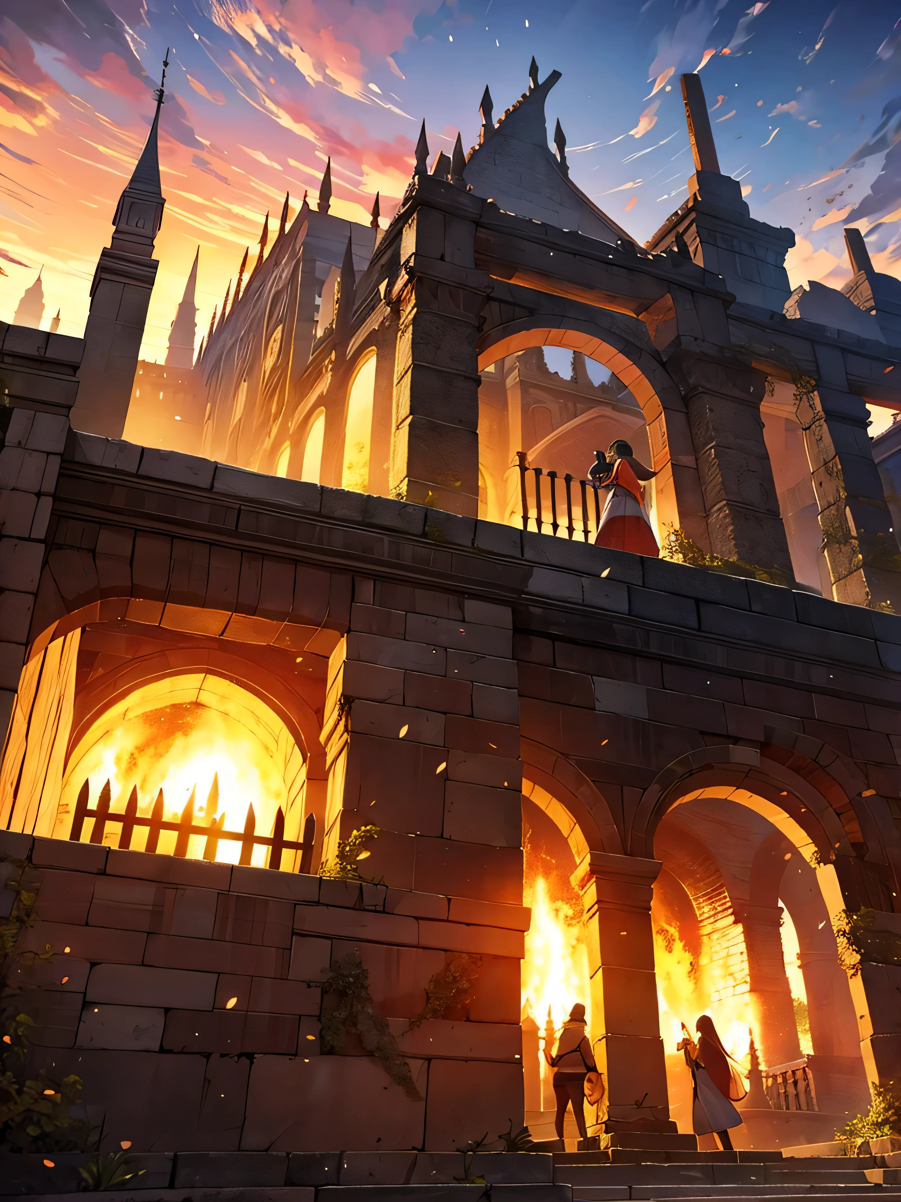 Aldeia medieval pegando fogo, Ruins, undoing, fogo... 2d animation style