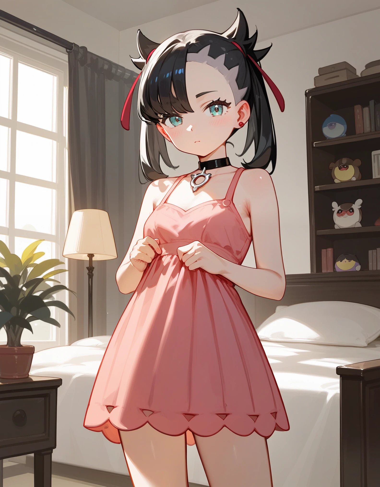Solo, score_9,score_8_up,score_7_up, source_cartoon, source_anime, Marnie Pokemon, standing, indoors
