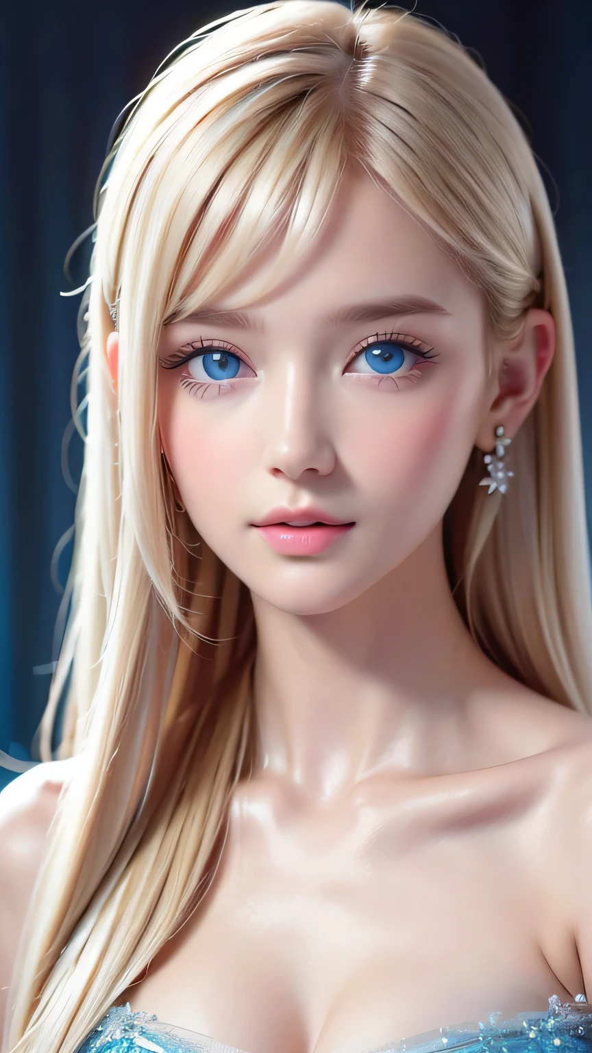 Beautiful white and shining skin、Blonde hair that changes color depending on the light、Bangs between eyes obstruct vision、Shiny highlights on the cheeks、Sexy, very beautiful, lovely, cute, gorgeous face、The most beautiful face in the world、Super long and gorgeous blonde hair、Super long and smooth super long straight hair、Big Breasts, Very large, Beautiful sparkling bright blue eyes、Beautiful Bangs、Beautiful cute girl.Small Face Beauty、Cheek Gloss Highlighter、Round face