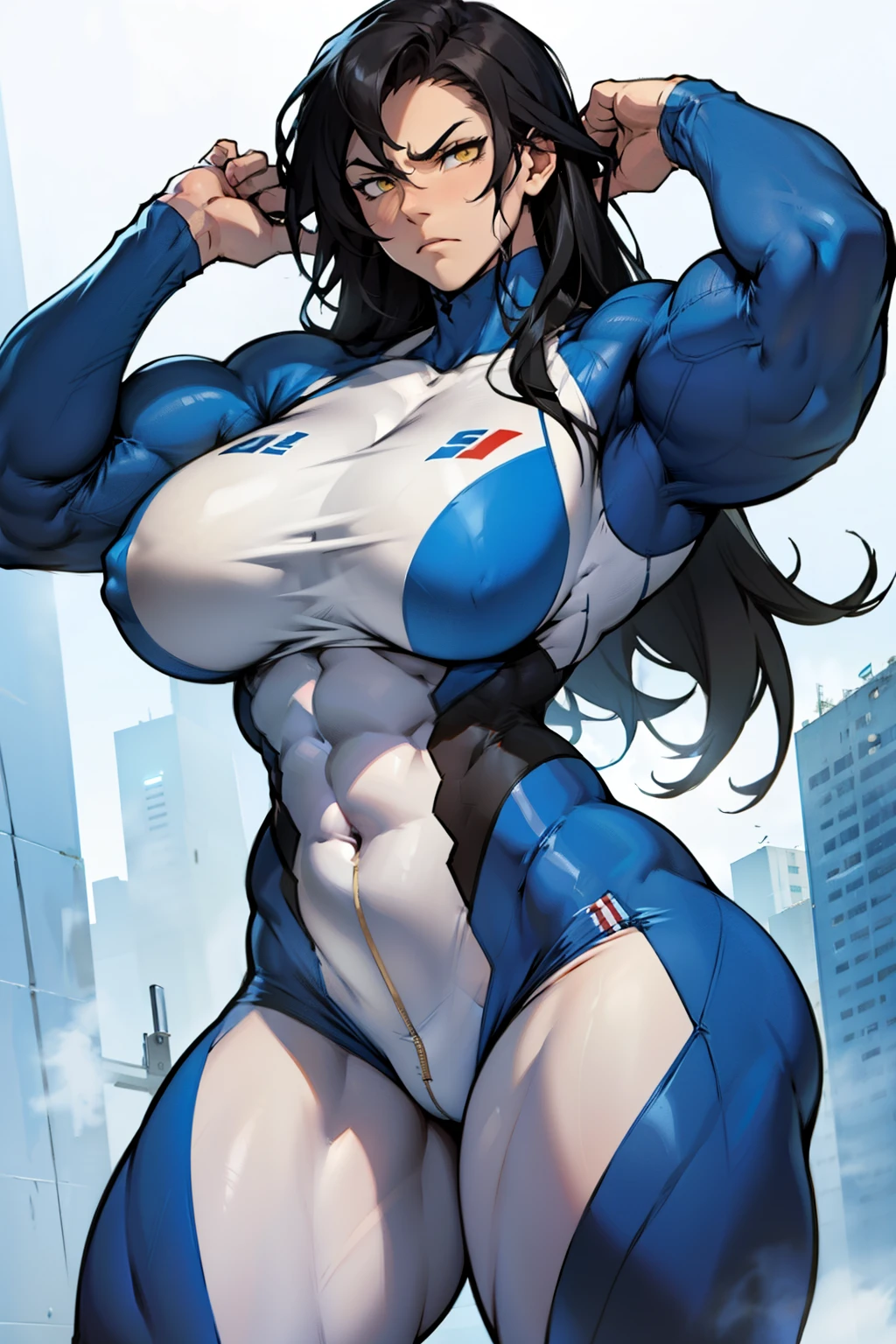 huge muscles huge breasts huge thighs pale skin black hair yellow eyes very long hair muscular girl sad frown expressionless huge muscles huge breasts huge thighs huge muscles huge breasts huge thighs skintight suit