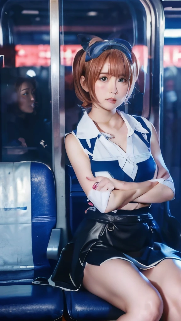 High-definition images, Atmospheric perspective, 8K, Super detailed, precise, best quality, 
1 girl, Solitary, Chest, Looking at the audience, (look at the audience,:1.5),  
brown hair,  Brown eyes, parted Lips, underwear, Underwear, (japanese school), 
 (navy blue skirt), (sitting on a train seat:1.5), underwear, , parted Lips, 
 Lips, (navy blue skirt), Cowboy shooting,  (((spread your legs, Cross your arms))), showing sexy White :1.5), Practical ,
(White, Collared shirt, Ribbon Tie),
(Don&#39;t expose your upper body:1.5),
(Turn your body towards the audience:1.5) , ((15 year old Japanese girl, Short Bob, 巨大なChest, breasts tucked between arms between breasts))