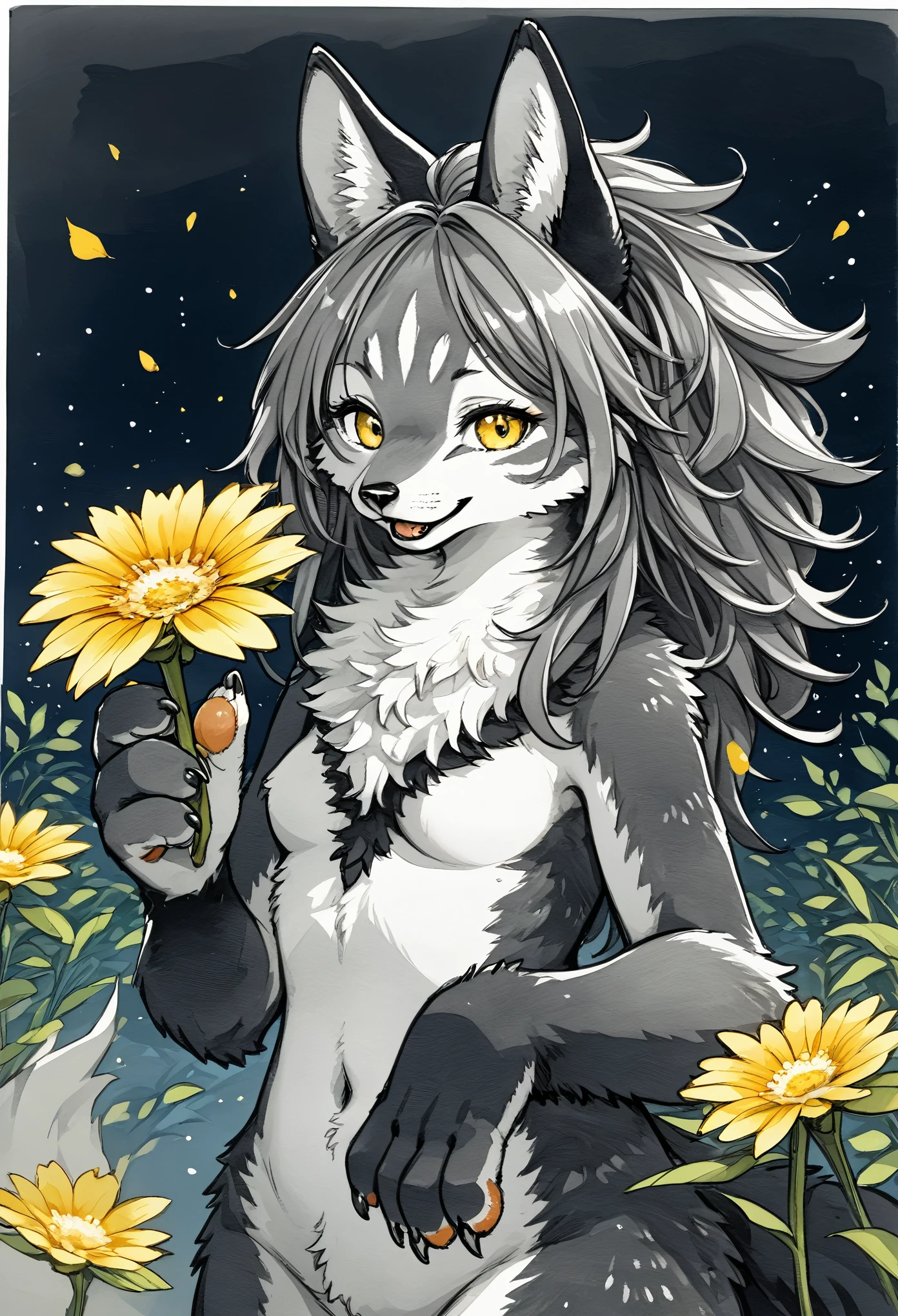 monochrome, watercolor, highres, top quality, best quality, paid reward available, High-quality illustrations, unparalleled masterpiece, perfect artwork, absurdres, 1girl, kemono, furry, detailed body fur, animal face, animal hand, Archaic Smile, holding a cluster of yellow flower in both hands, which are positioned at chest level, She is wearing a simple ring on the ring finger of her left hand, unfocused spread of yellow flower, fan-created work shared on platforms Pixiv or Twitter,