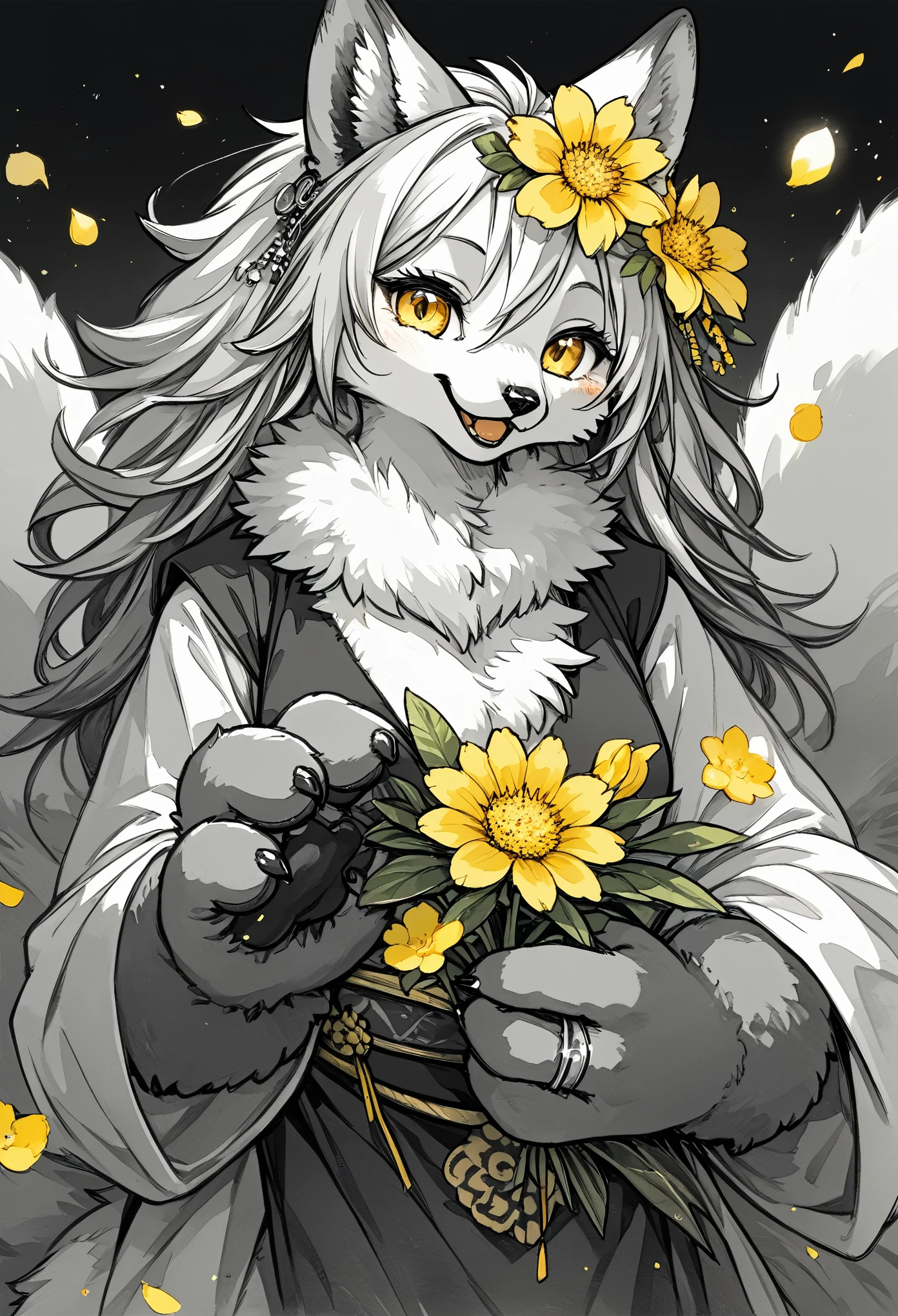 monochrome, watercolor, highres, top quality, best quality, paid reward available, High-quality illustrations, unparalleled masterpiece, perfect artwork, absurdres, 1girl, kemono, furry, detailed body fur, animal face, animal hand, Archaic Smile, holding a cluster of yellow flower in both hands, which are positioned at chest level, She is wearing a simple ring on the ring finger of her left hand, unfocused spread of yellow flower, fan-created work shared on platforms Pixiv or Twitter,