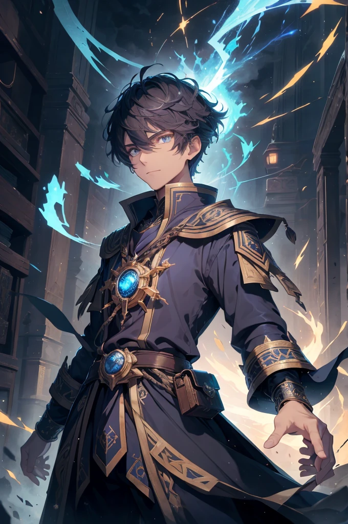 A Breathtaking and Radiant Prodigy: Endowed with an extraordinary gift to summon bolts of lightning and echoes of thunder from his very palms, he captivates the spectators with his mesmerizing display amidst his fellow students. Despite his stature, an inner force propels him, setting him apart, embodying the spirit of a young and indomitable sorcerer from the prestigious School of Magic, nestled within the College of Elemental.
Dressed in an imposing Naval-blue uniform bestowed upon him, he is adorned with intricate details, the uniform signaling his status as a prodigy. A molded brown leather school bag