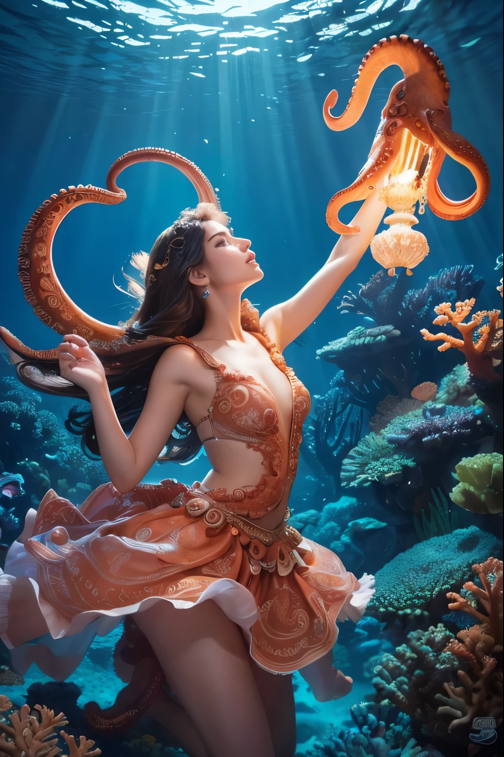 a woman dancing with an octopus, 1 woman, beautiful detailed eyes, beautiful detailed lips, extremely detailed face, long eyelashes, graceful pose, flowing dress, tentacles wrapping around the woman, underwater scene, coral reef, bioluminescent lighting, surreal, fantasy, vibrant colors, cinematic lighting, dramatic composition, award-winning digital art, (best quality,4k,8k,highres,masterpiece:1.2),ultra-detailed,(realistic,photorealistic,photo-realistic:1.37)