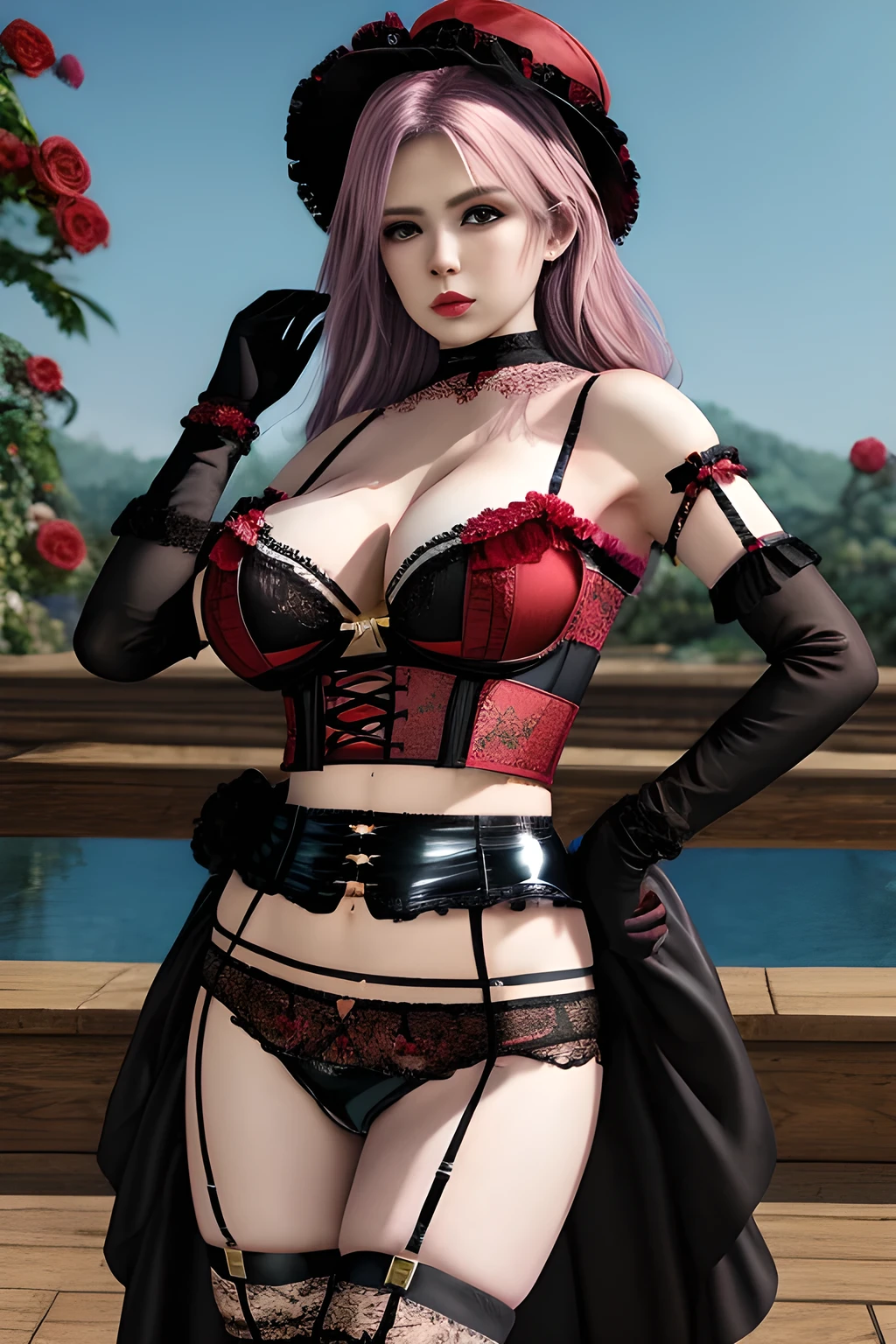 1 girl,BREAK (Royal:1.4), (red and black theme:1.5), ((red) bucket hat with rose corsage:1.4), (fusion of black high neck crop top and latex (red bustier):1.4), ((floral lace, see-through):1.3), ((sleeveless, bare shoulders):1.3), (red tiered skirt with black ruffles:1.4), ((ultra long gloves) with floral lace:1.3), (wrap a (cat garter) around thighs:1.4), outdoor,elegant,nighttime,moonlighe,shiny skin,( huge breasts), lip gloss,tattoos, masterpiece, best quality, realistic ,Surrealism,natural colors art in 8k,soft shadows,High-definition RAW color photos professional portrait photos,solo, elise,