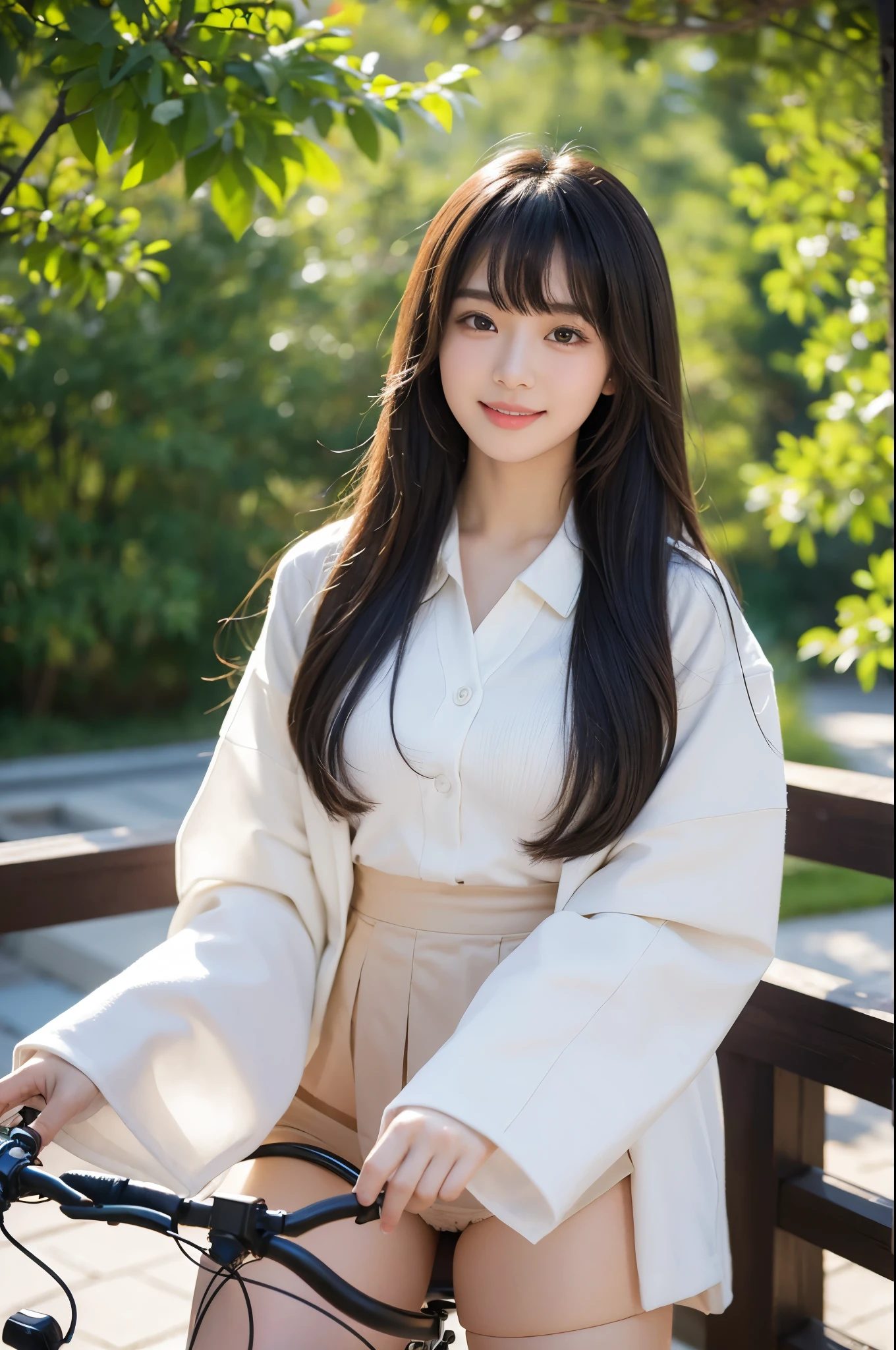 8k、highest quality、masterpiece、超A high resolution、picture、The elegance of beautiful Japanese women、Single-lens reflex camera、There are good ones、A transparent atmosphere、sexy lip、slanted bangs、beautiful face、long hair、make bangs、smile、natural soft light、One 17 year old high school girl in uniform、country road、riding a bicycle